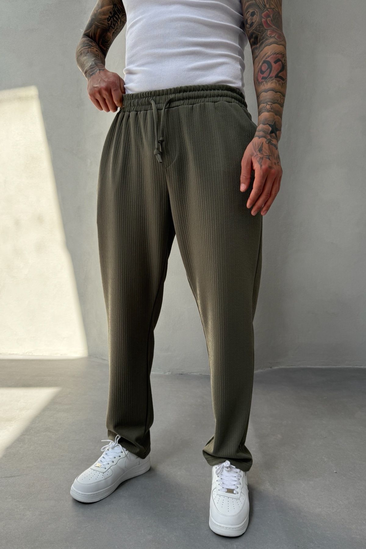 MADZEYMODA Full Likralı Süper Esnek Haki Erkek Baggy Kalıp Fitilli Jogger KE-5030