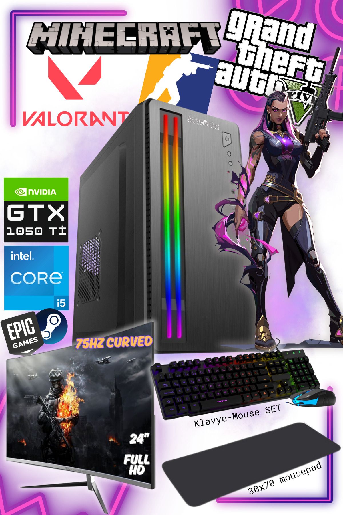 GAMİNGTECH INTEL İ5 6.NESİL - GTX 1050Tİ 4GB- 16GB RAM - 512GB SSD - 75HZ 24"Monitör ve klavye mouse set