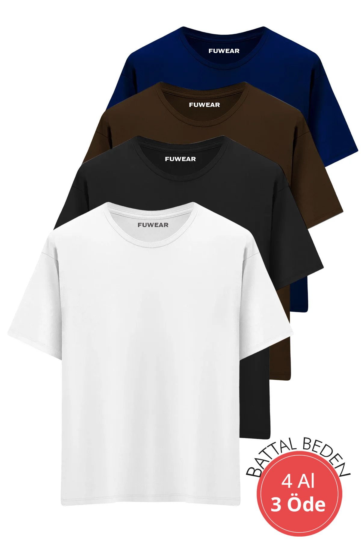 FUWEAR Büyük Battal Beden Premium Kalite Pamuklu T-Shirt 4 Adet Siyah, Beyaz, Gri ve Lacivert