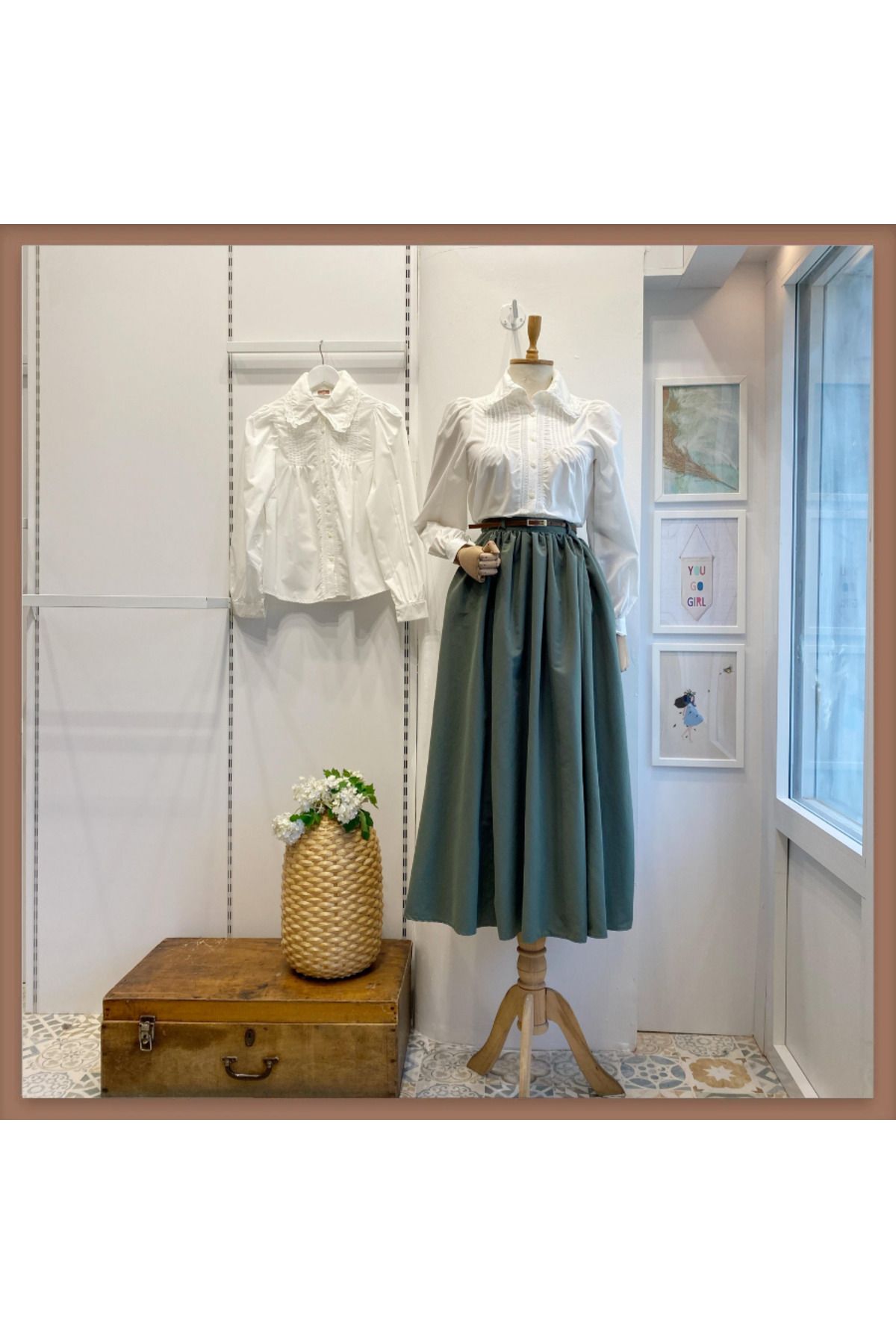 Faya Boutique İnce Kemerli Dikiş Detaylı Yeşil Etek