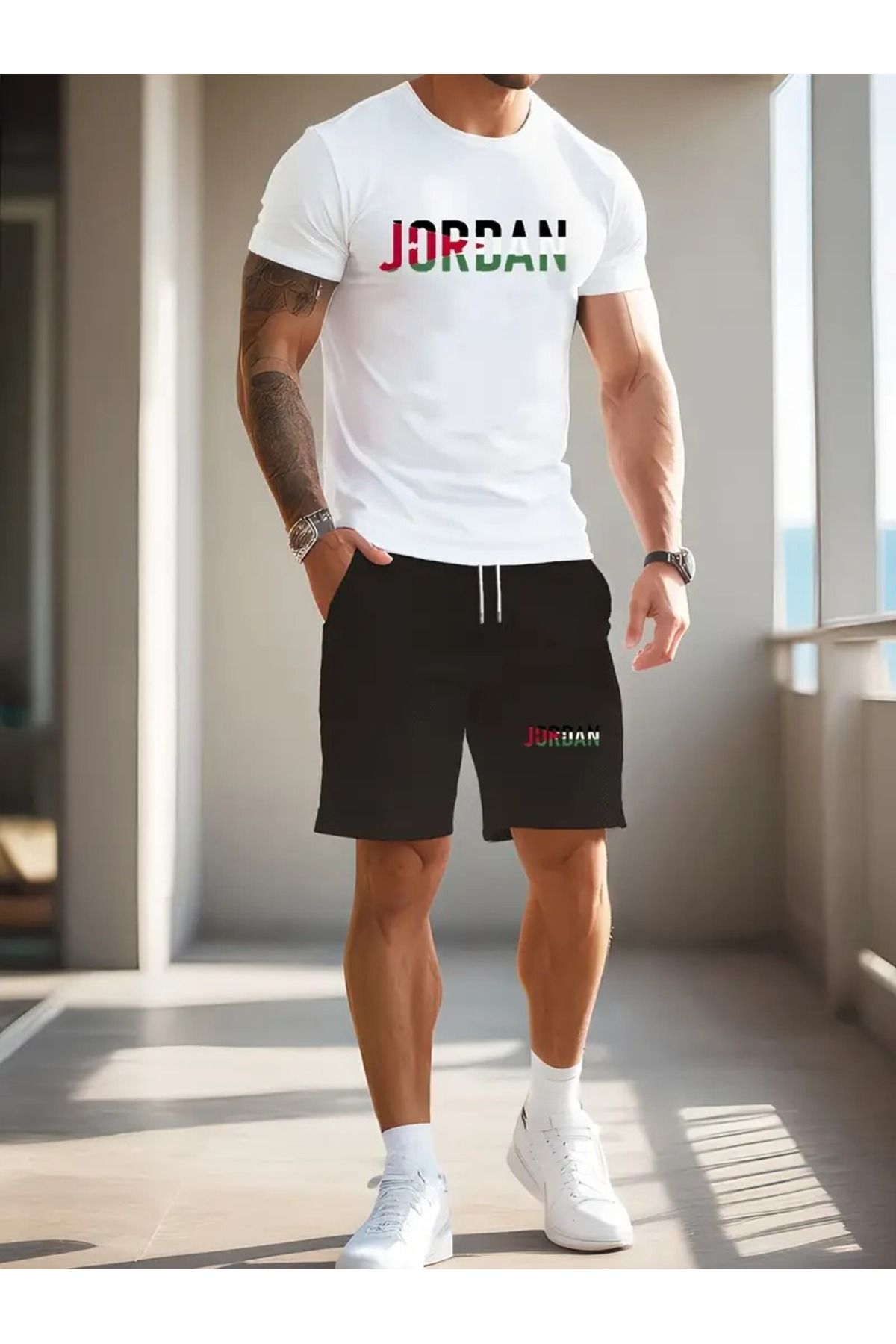 LAND MODA Yeni Erkek JORDAN Desenli Spor Seti Yazlık 3D Kısa Kollu Tişört ve İpli Şort Günlük Kıyafet