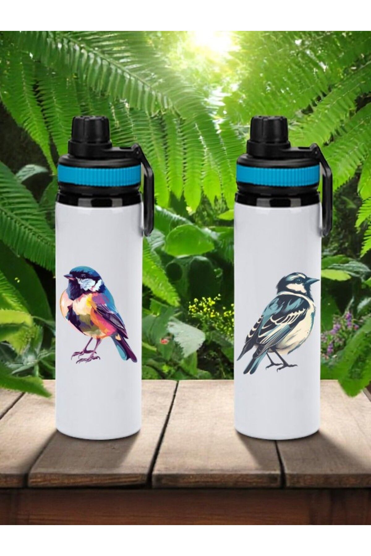 lili hediyelik Kuş Baskılı 2'li Mavi Kulplu Matara Suluk 850 ml