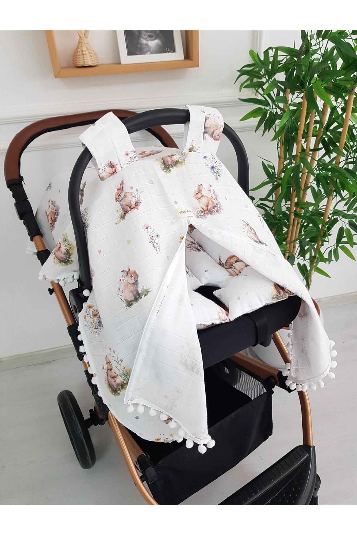 ilkimbebe Anne Tavşan Müslin Fermuarlı Puset Örtüsü ve Minderi