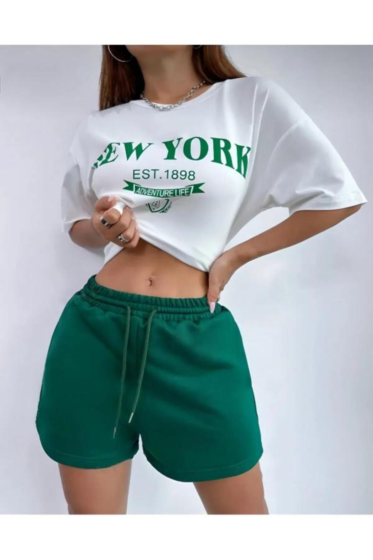 COMANCHERO Yeni Sezon Kadın New York Baskılı Beyaz T-shirt Oversize - Yeşil Şort Alt Üst Takım