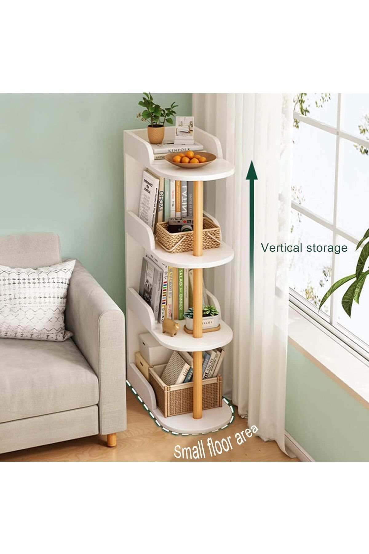 COOYA-4-Tier Slim Open Storage Rack,Free-Standing Wooden Bookshelf for Small Spaces Vertical Storage 6