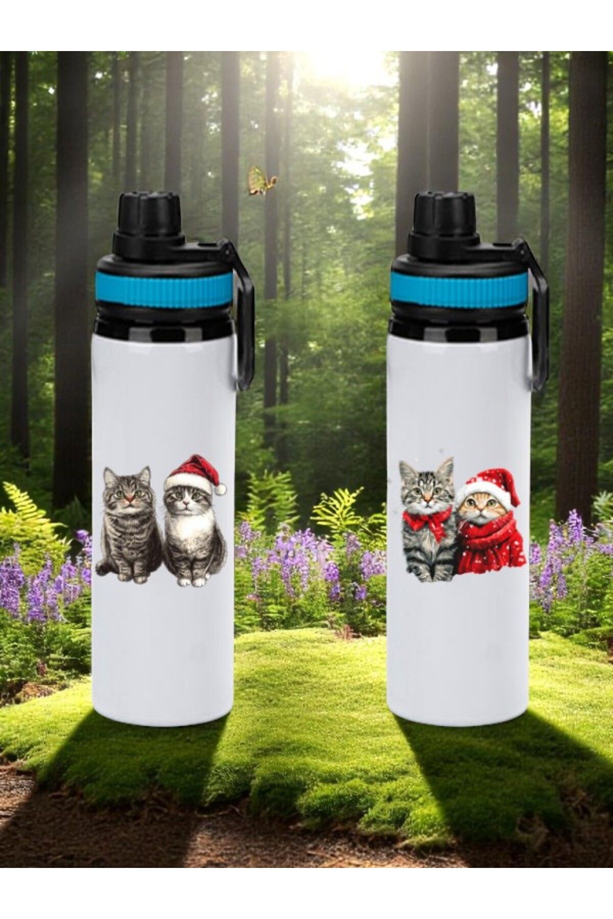 lili hediyelik Kediler Baskılı 2'li Mavi Kulplu Matara Suluk 850 ml