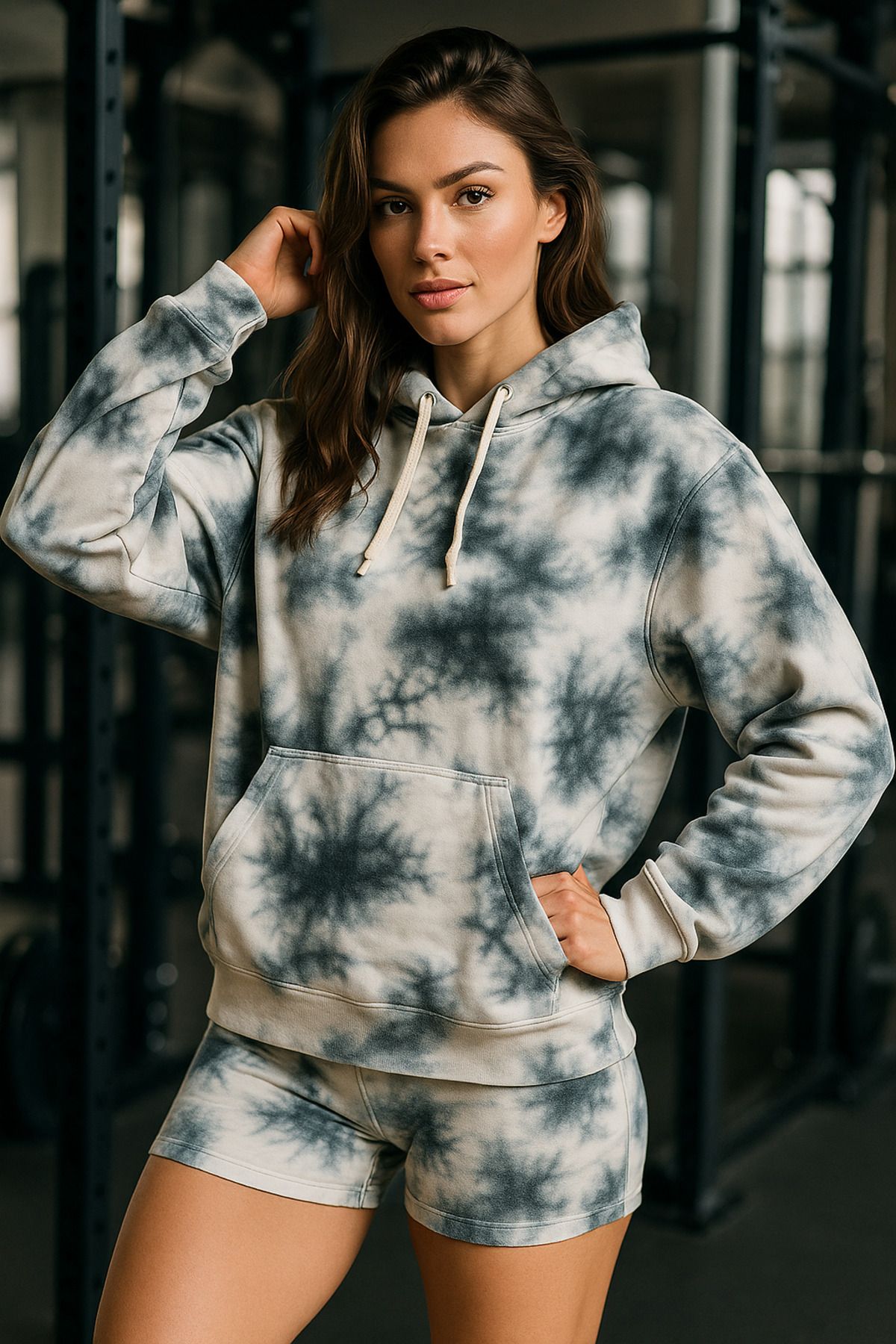 Rich Kadın Batik Desen Renkli Oversize Relaxed Uzun Kollu Kapüşonlu Sweatshirt