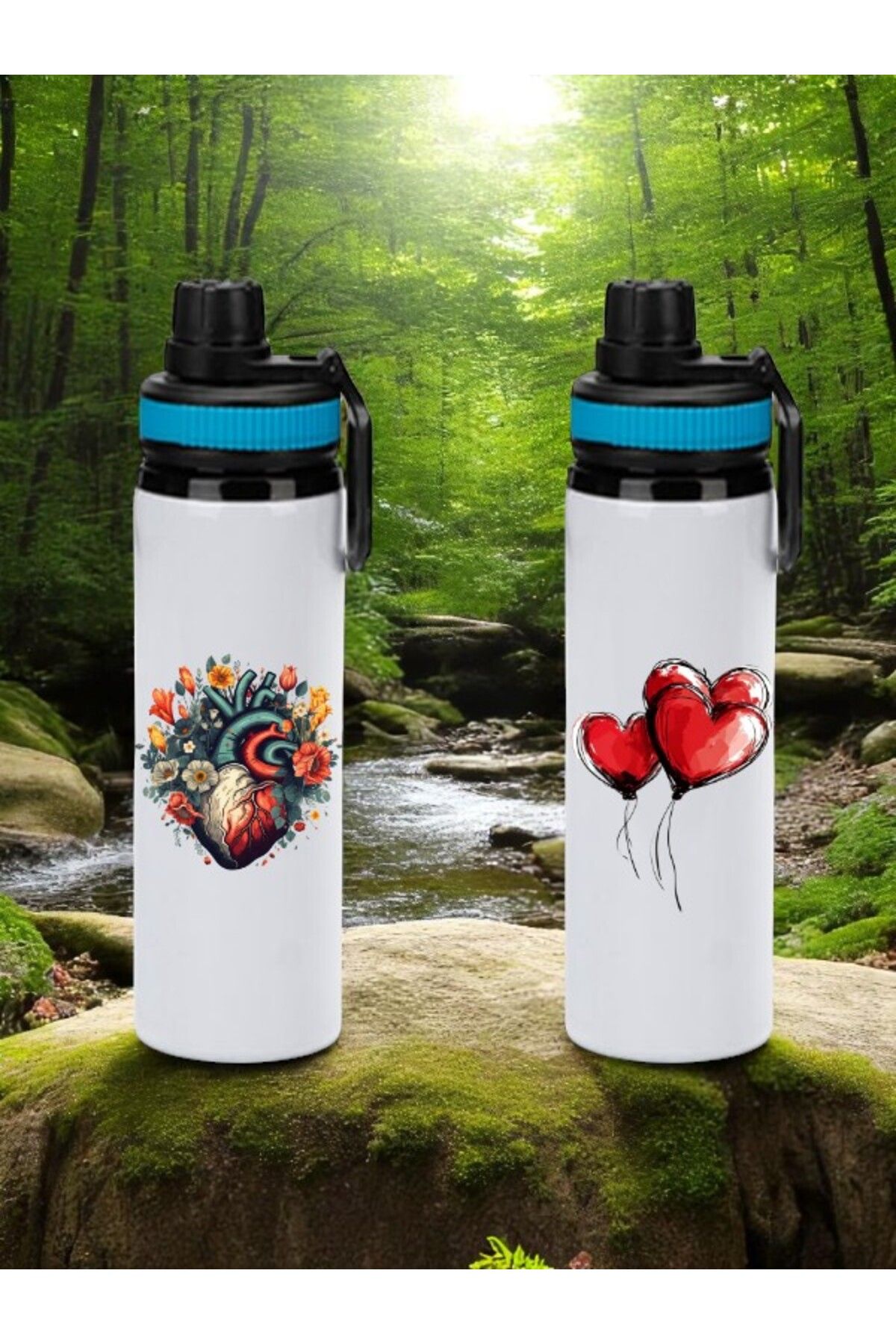 lili hediyelik Kalp Baskılı 2'li Mavi Kulplu Matara 850 ml