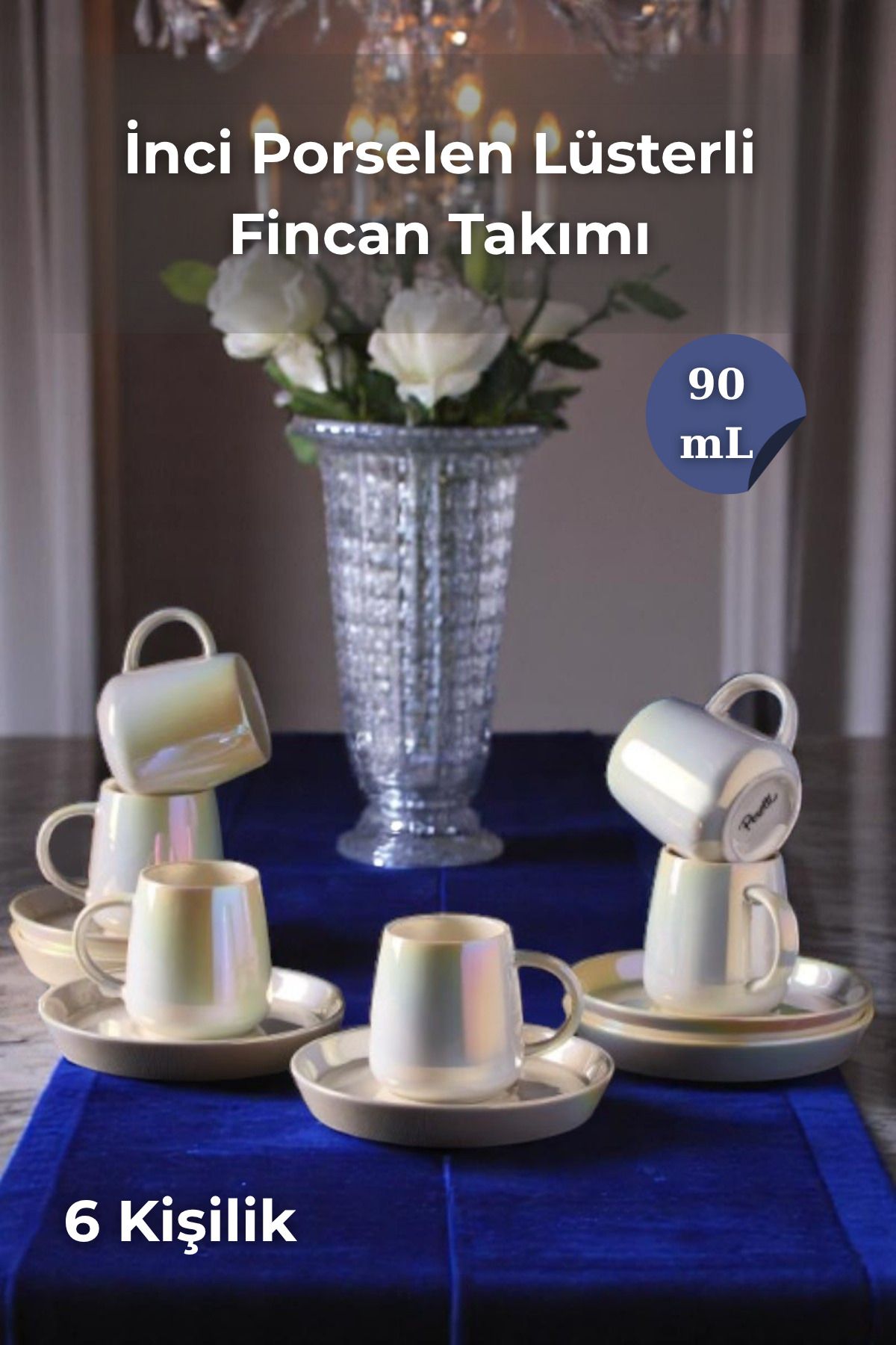 Sevinse Home İnci 12 Parça 6 Kişilik Porselen Fincan Takımı Lüsterli