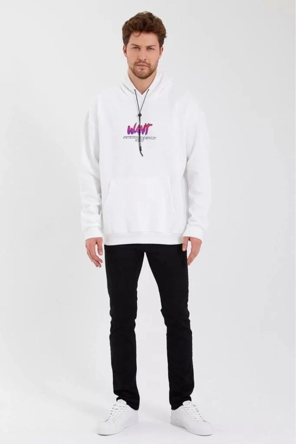 Robahood Erkek Baskılı Üç İplik Kapüşonlu Oversize Sweatshirt - Beyaz