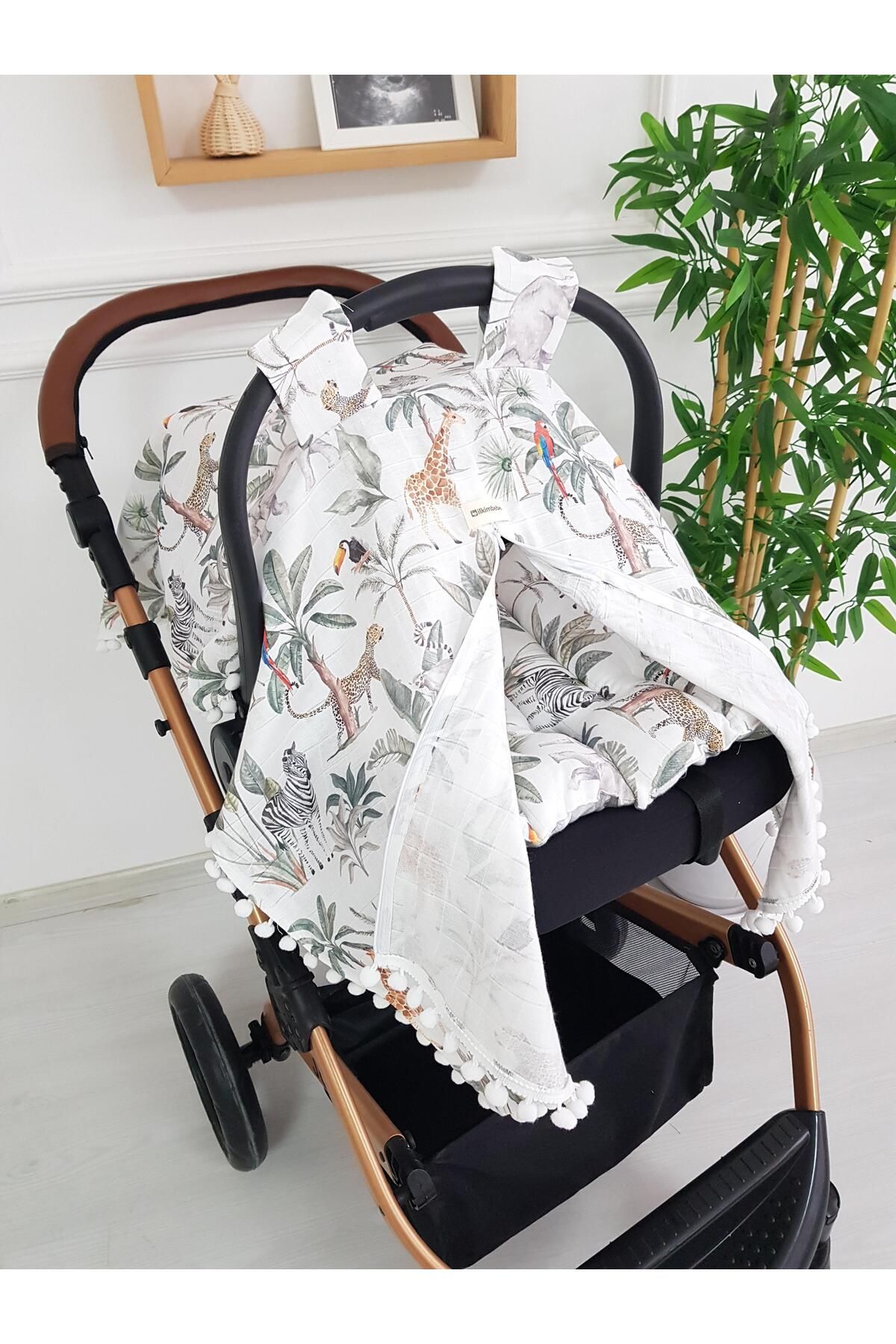 ilkimbebe Safari Hayvanlar Müslin Fermuarlı Puset Örtüsü ve Minderi