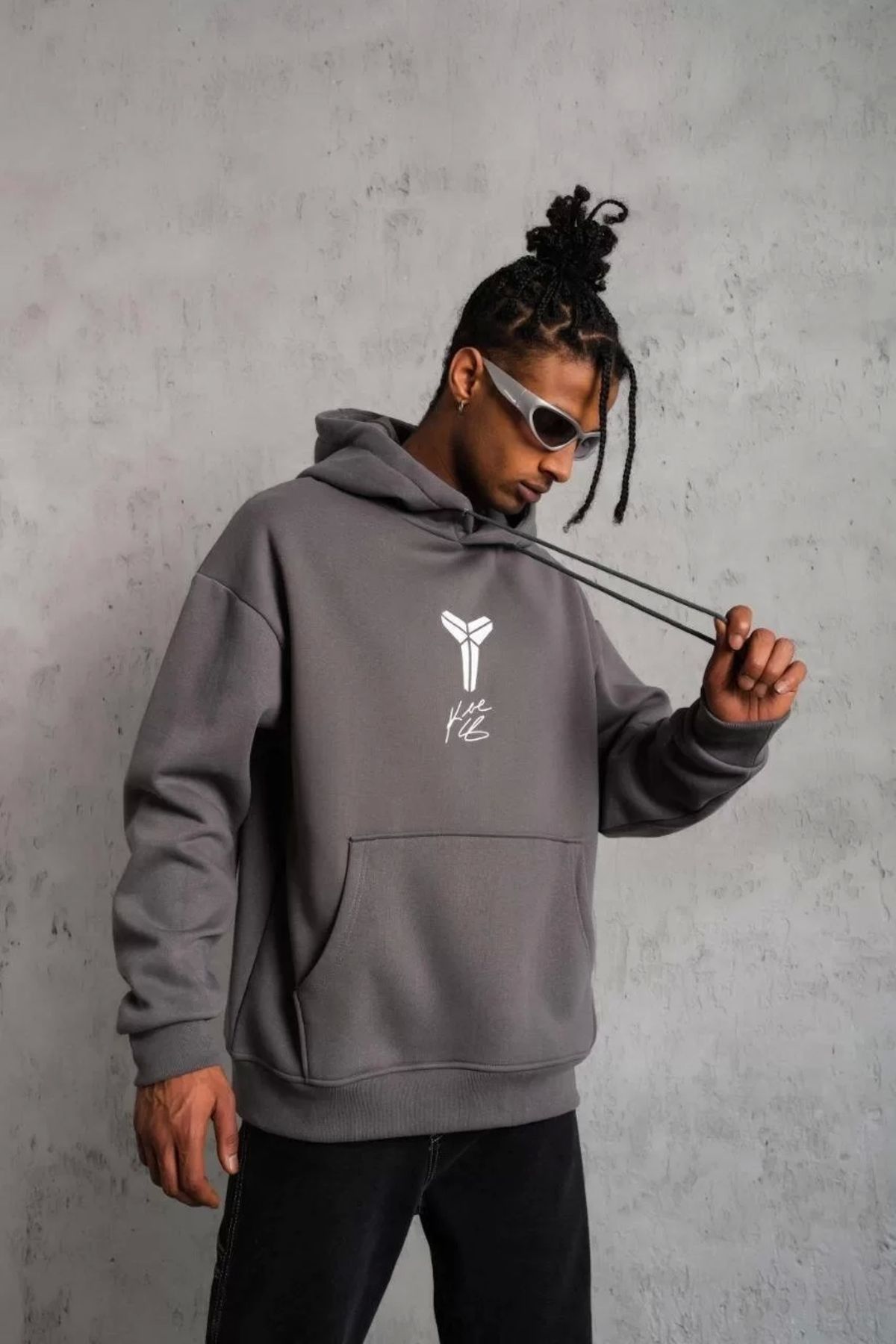 Robahood Erkek Baskılı Kapüşonlu Sweat - Gri