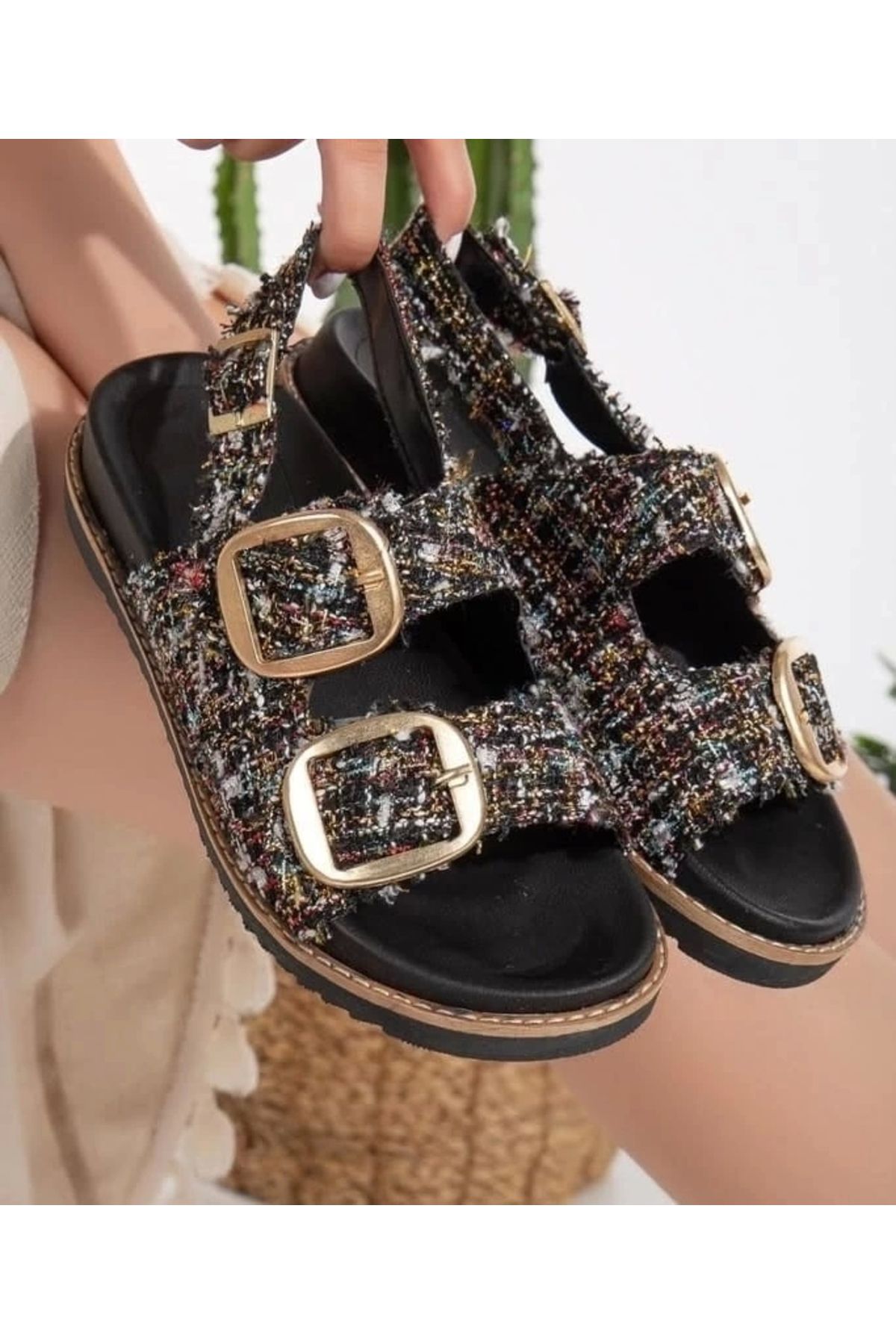 OurStyles Olira Siyah Simli Kemerli Sandalet