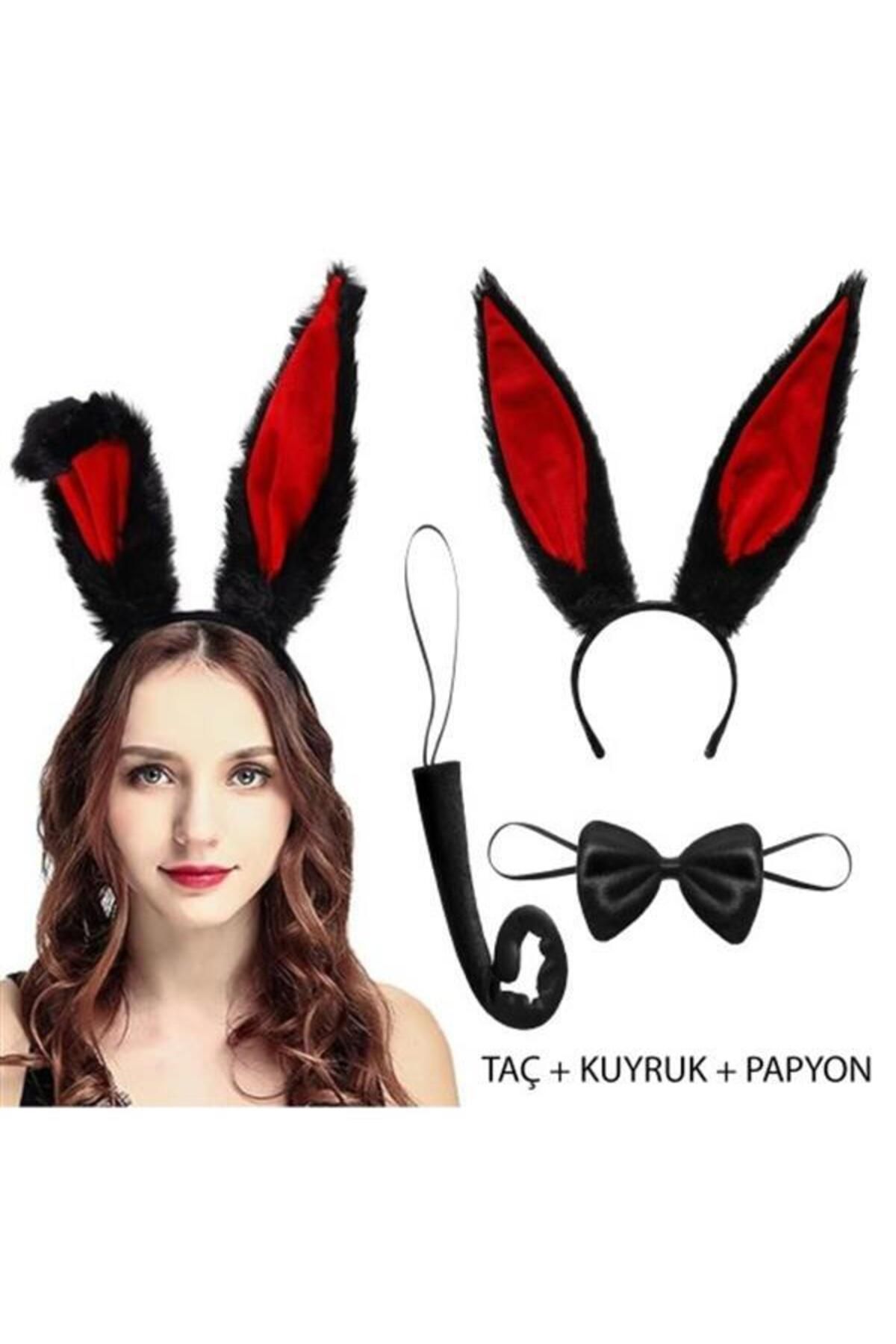 Modafiks Siyah Kırmızı Peluş Tavşan Kulak Seti Yetişkin Boy