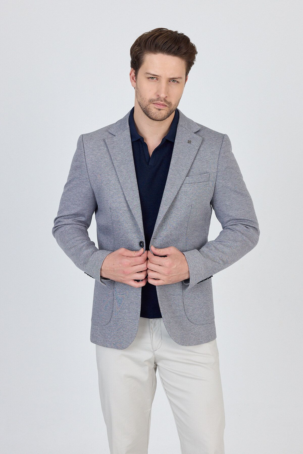 Frappoli Feniks Erkek Koyu Lacivert Yarım Astar Torba Cepli Pamuk Karışımlı Likralı SlimFit Spor Blazer Ceket