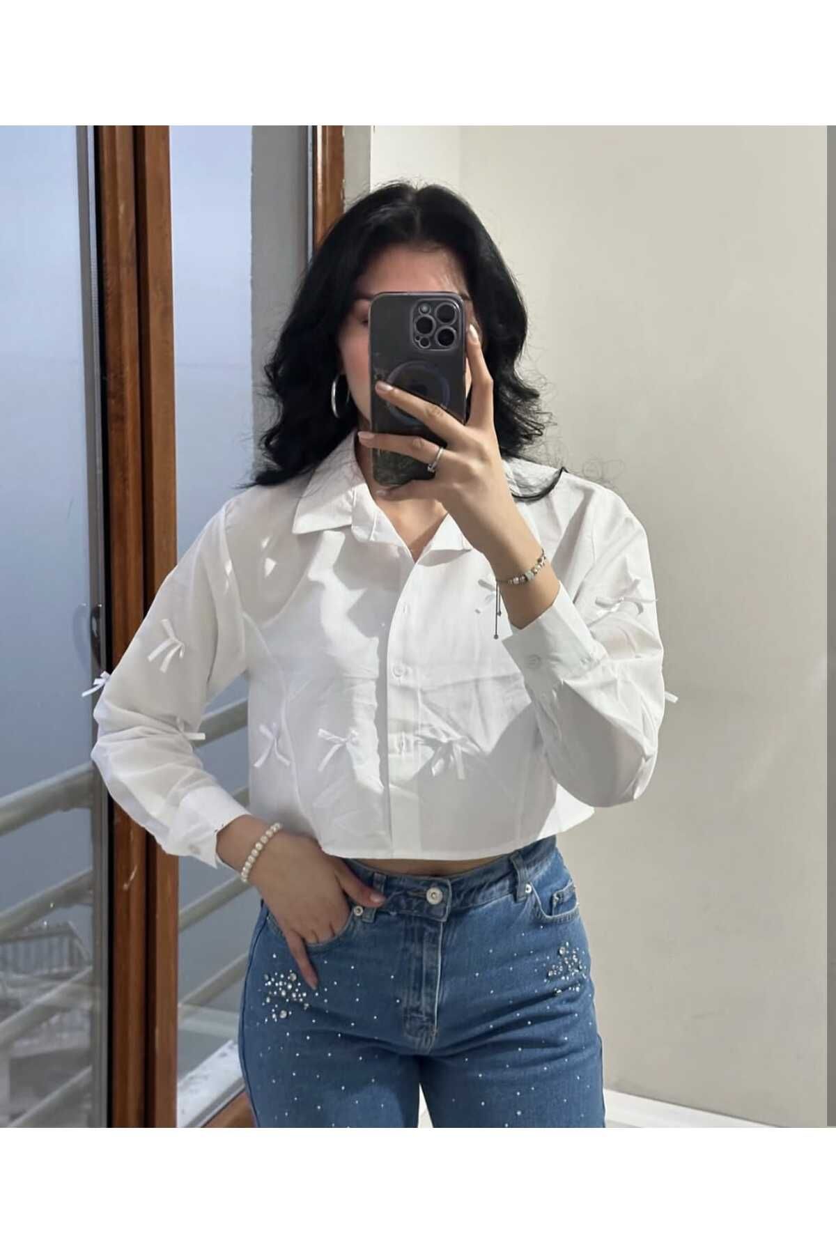 zeymiray keten kumaş fiyonklu crop gömlek