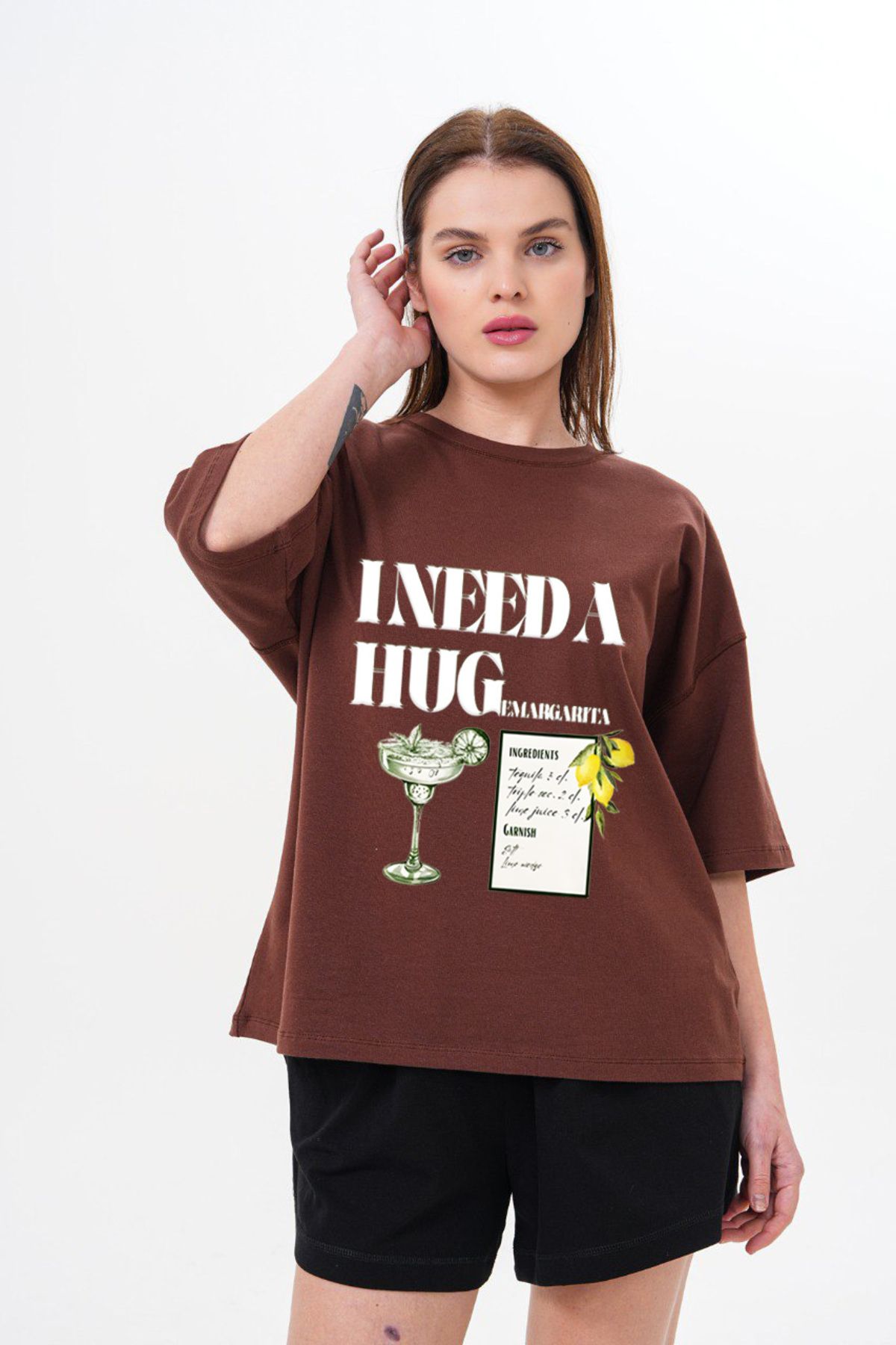 JANSO GROUP -KADIN BASKILI -İ Need2- KISA KOLLU TSHIRT BÜYÜK BEDEN OVERSIZE PAMUKLU