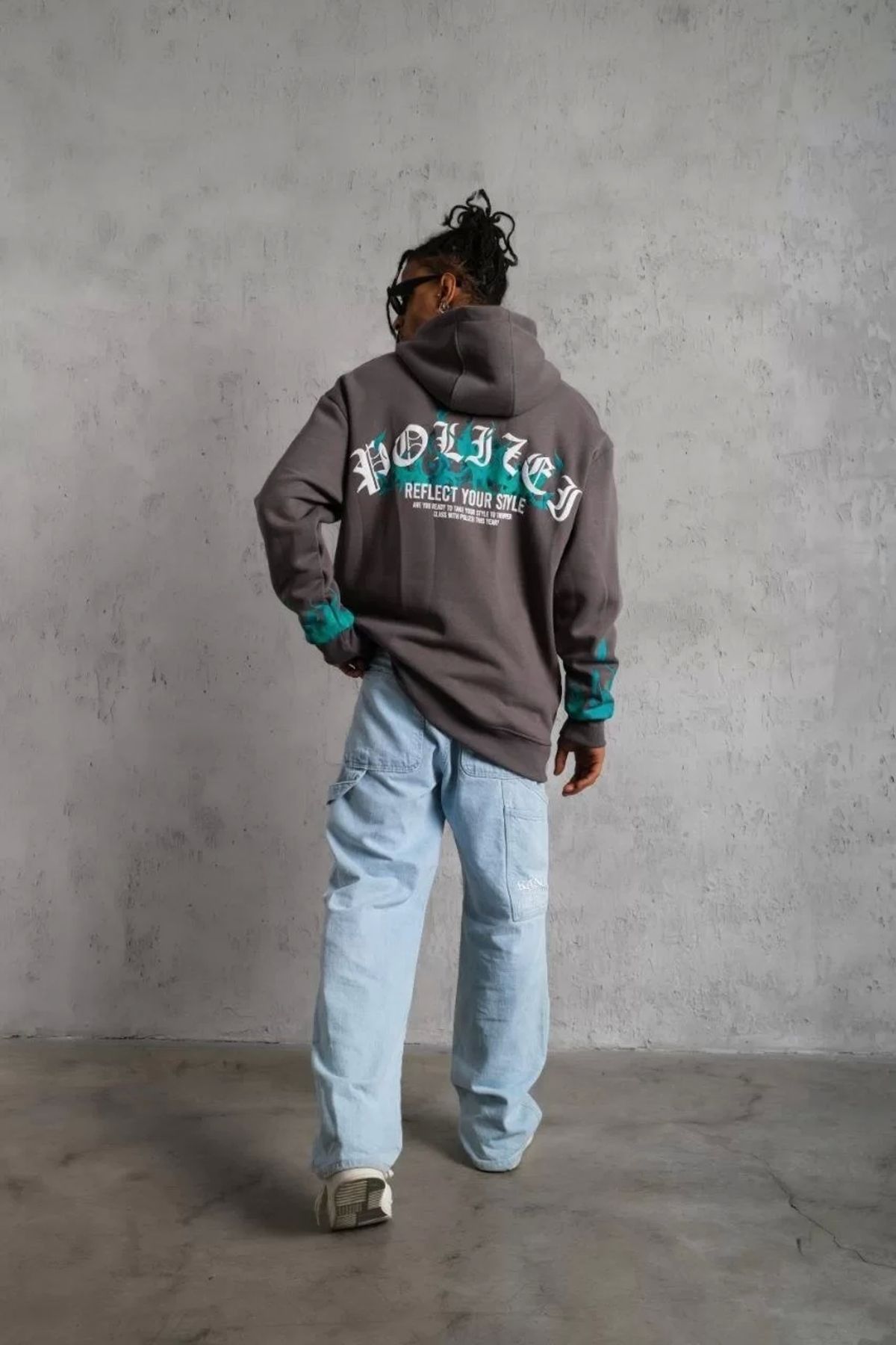Robahood Erkek Üç İplik İçi Pamuklu Alev Baskılı Kapüşonlu Sweatshirt - Gri