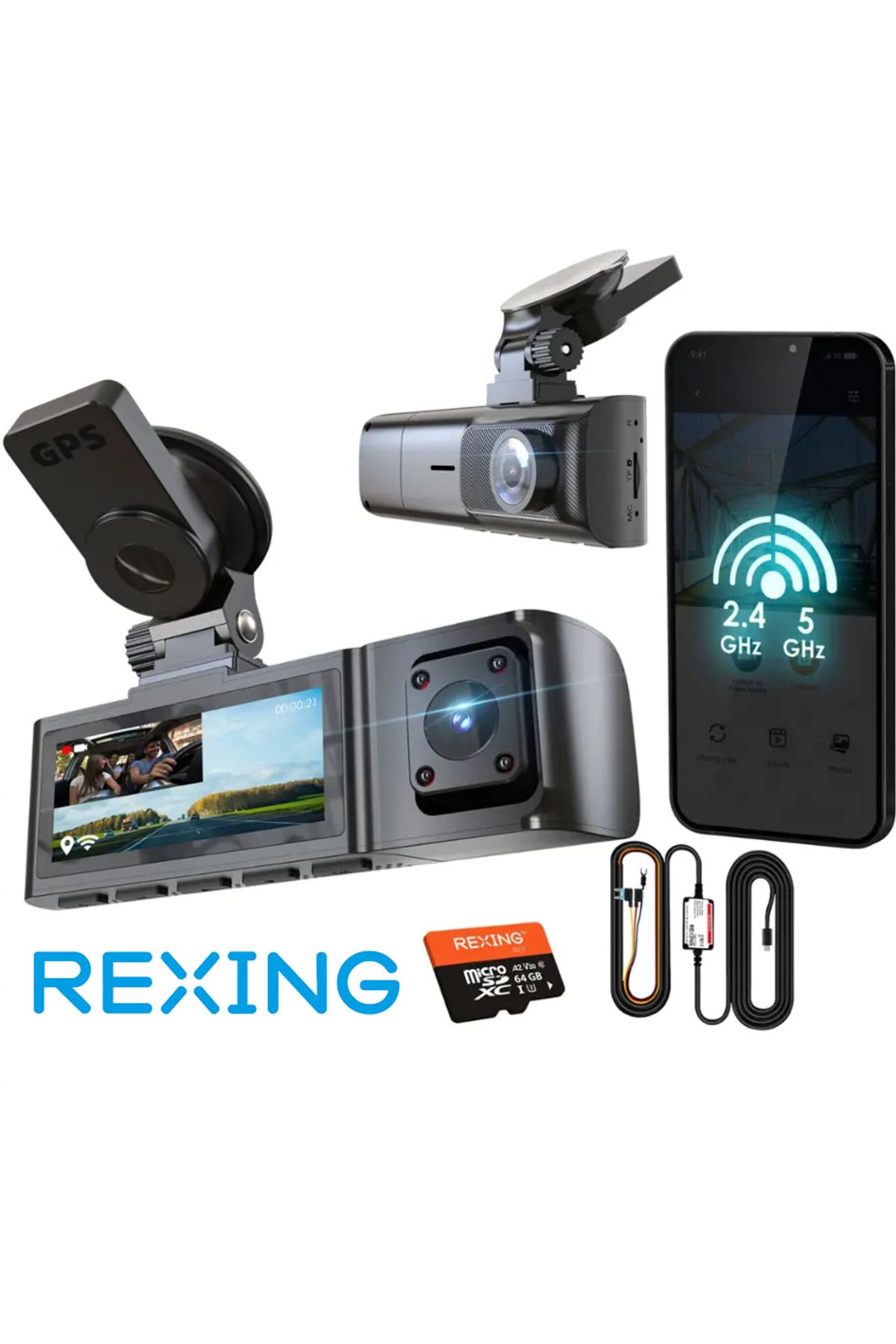Rexing R316 4K GPS Wi-Fi Araç Kamerası + 64GB SD Kart ve ACC Bağlantı Kiti