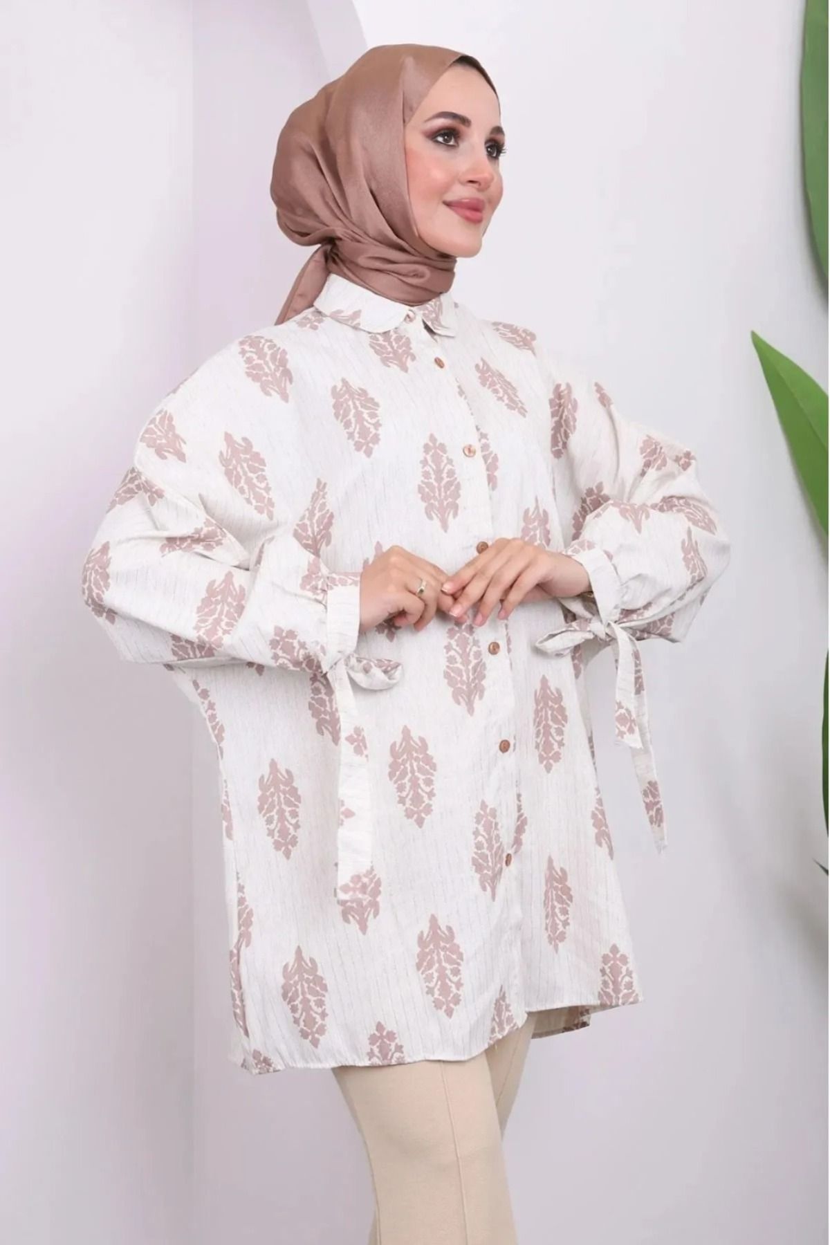 DAS KLEID Kol Bağlamalı Keten Gömlek Bisküvi