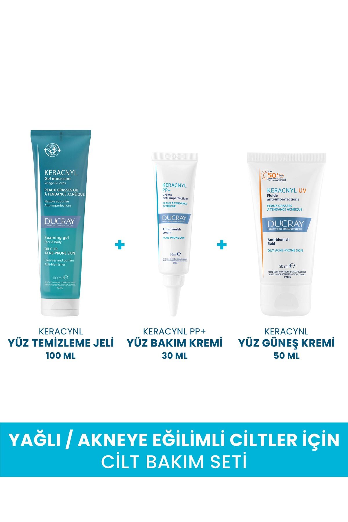 Ducray Akneye Eğilimli Ciltler İçin Temizleme Jeli + Krem + UV SPF50+ Güneş Kremi