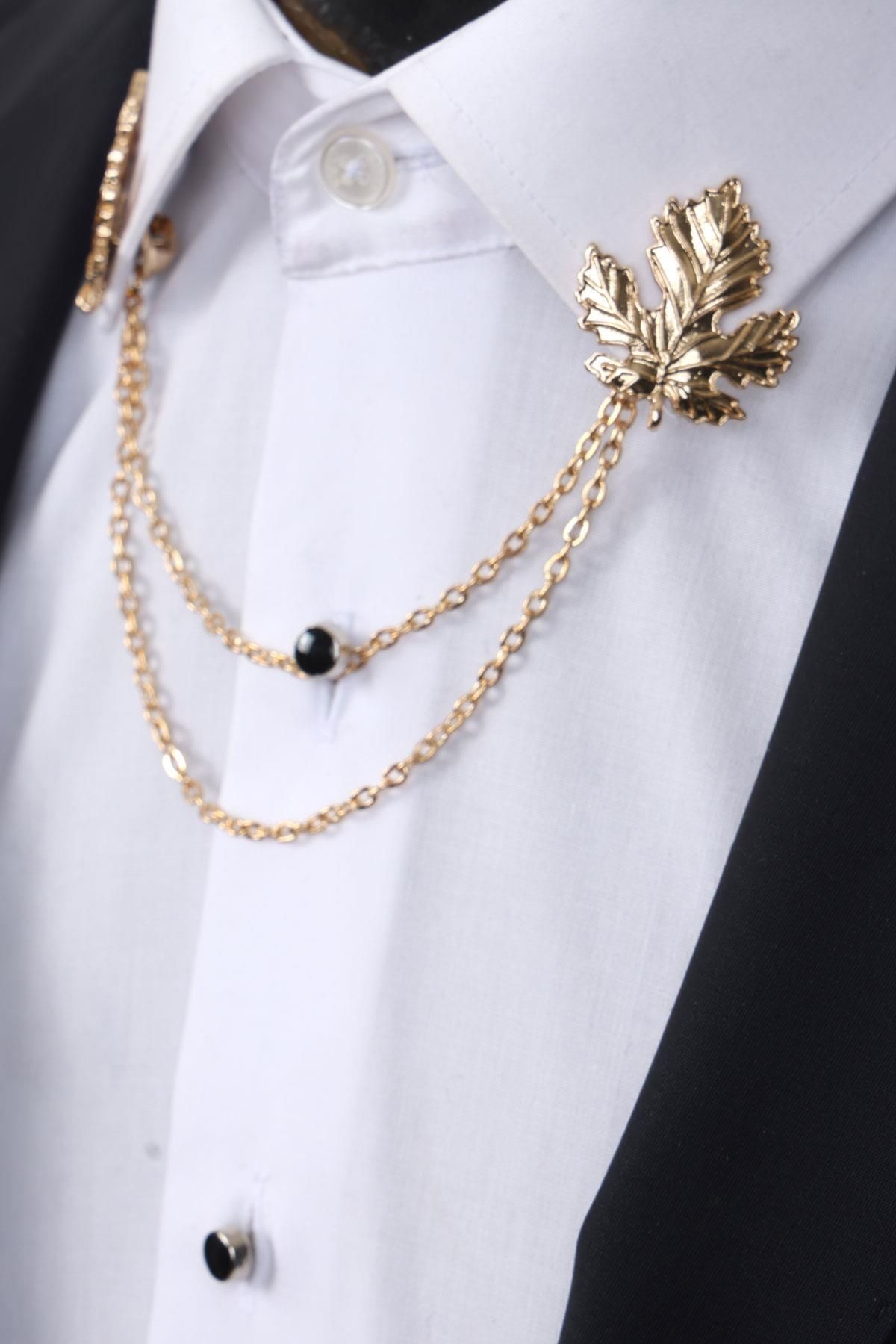 Esgue Gold Renk Yaprak Yaka Broş