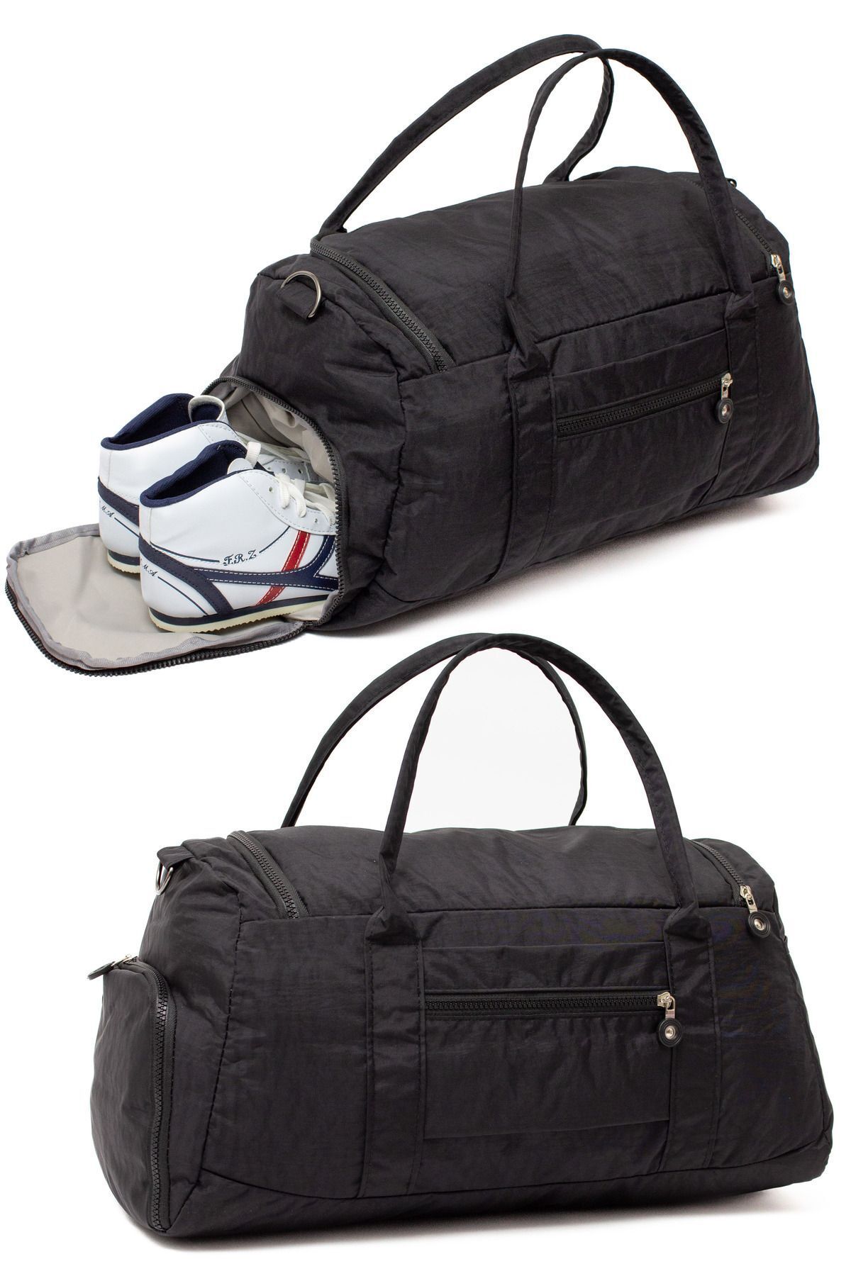 Trendsbag Travel Store Siyah Krinkıl Kumaş Ayakkabı Bölmeli 0818 Önü Cepli Su Geçirmez Omuz Askılı Spor Ve Seyahat Çantası