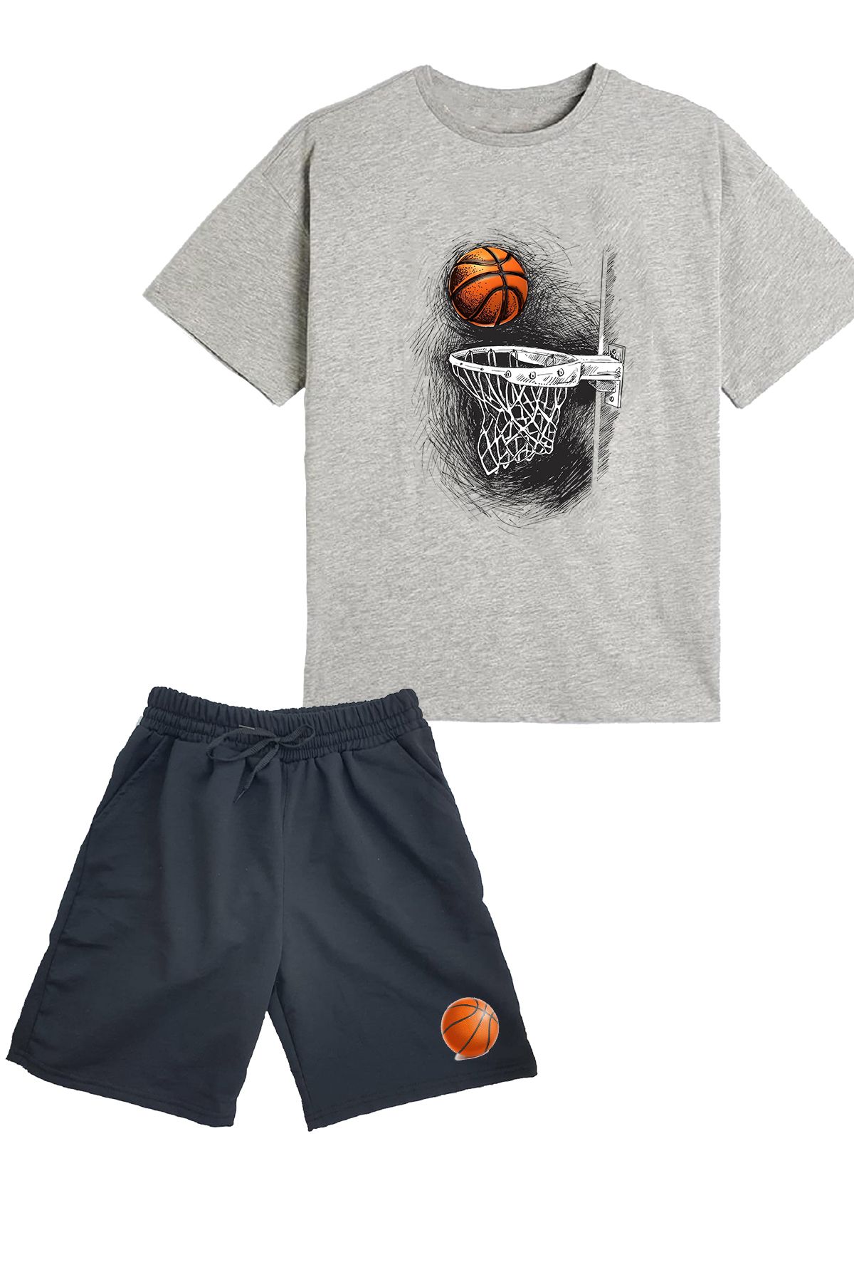 makiteks 2'li Set Baskılı Erkek Çocuk Pamuk Şort Tshirt Takım Basketbol 5 6 7 8 9 10 11 12 13 14 yaş Tişört