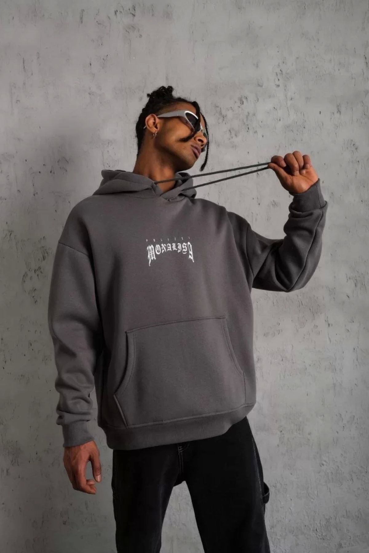 Robahood Erkek Baskılı Kapüşonlu ve Kanguru Cepli Sweat- Gri