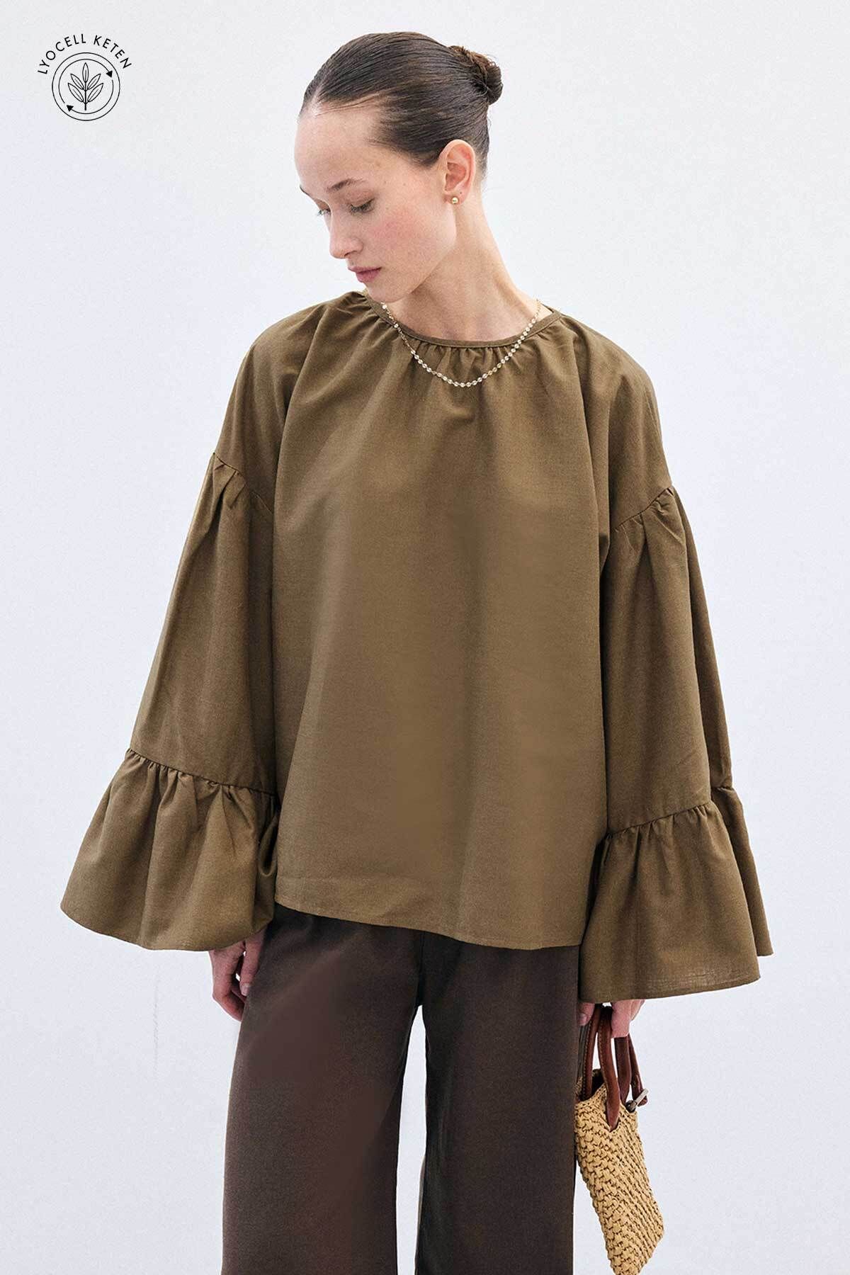 Hooopstore Lyocell Keten Oversize Ada Çayı Bluz