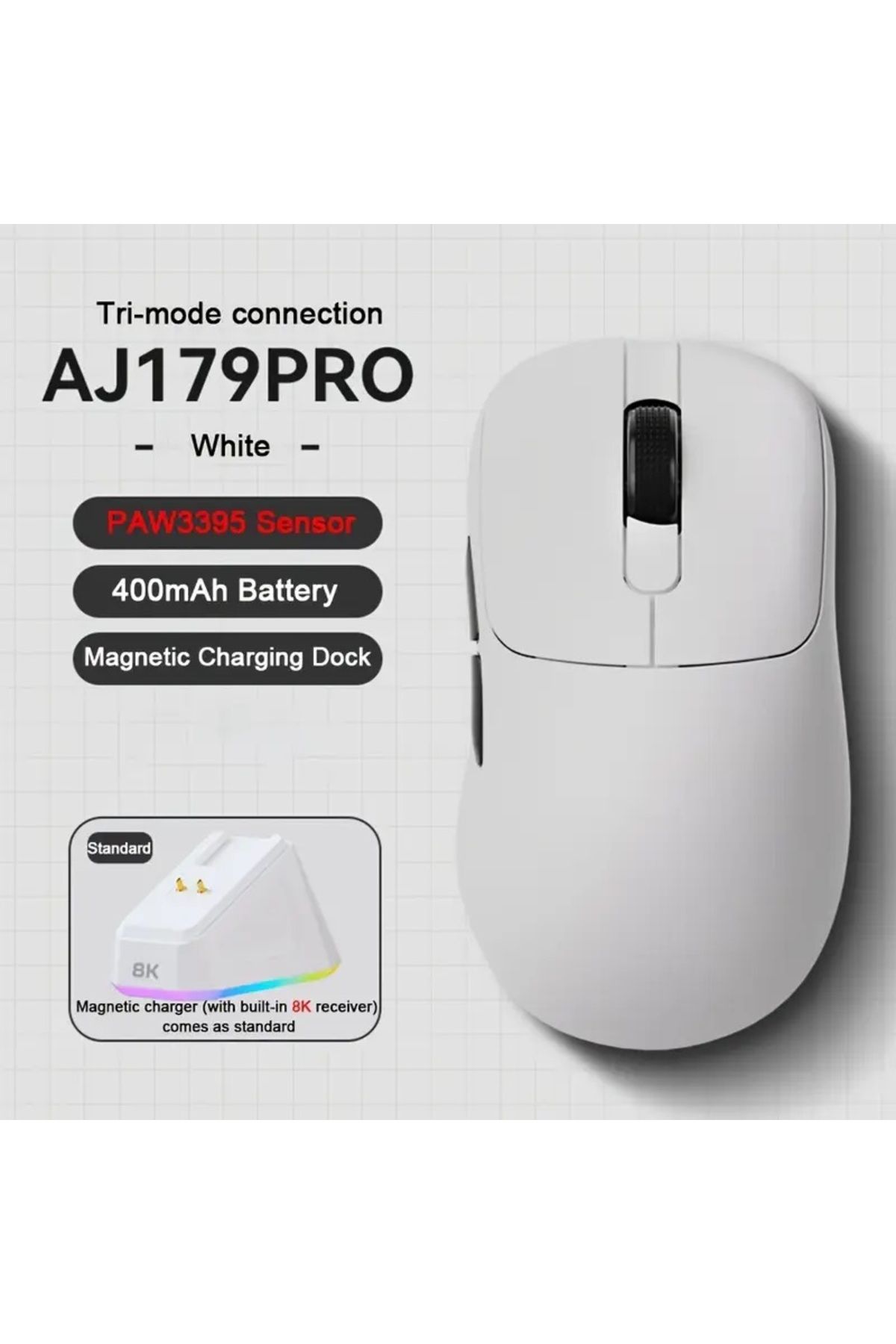 LunaRisa AJ179 PRO 8k hertz Oyuncu Mouse (2.4G alıcı, Kablolu, Bluetooth 3modlu)