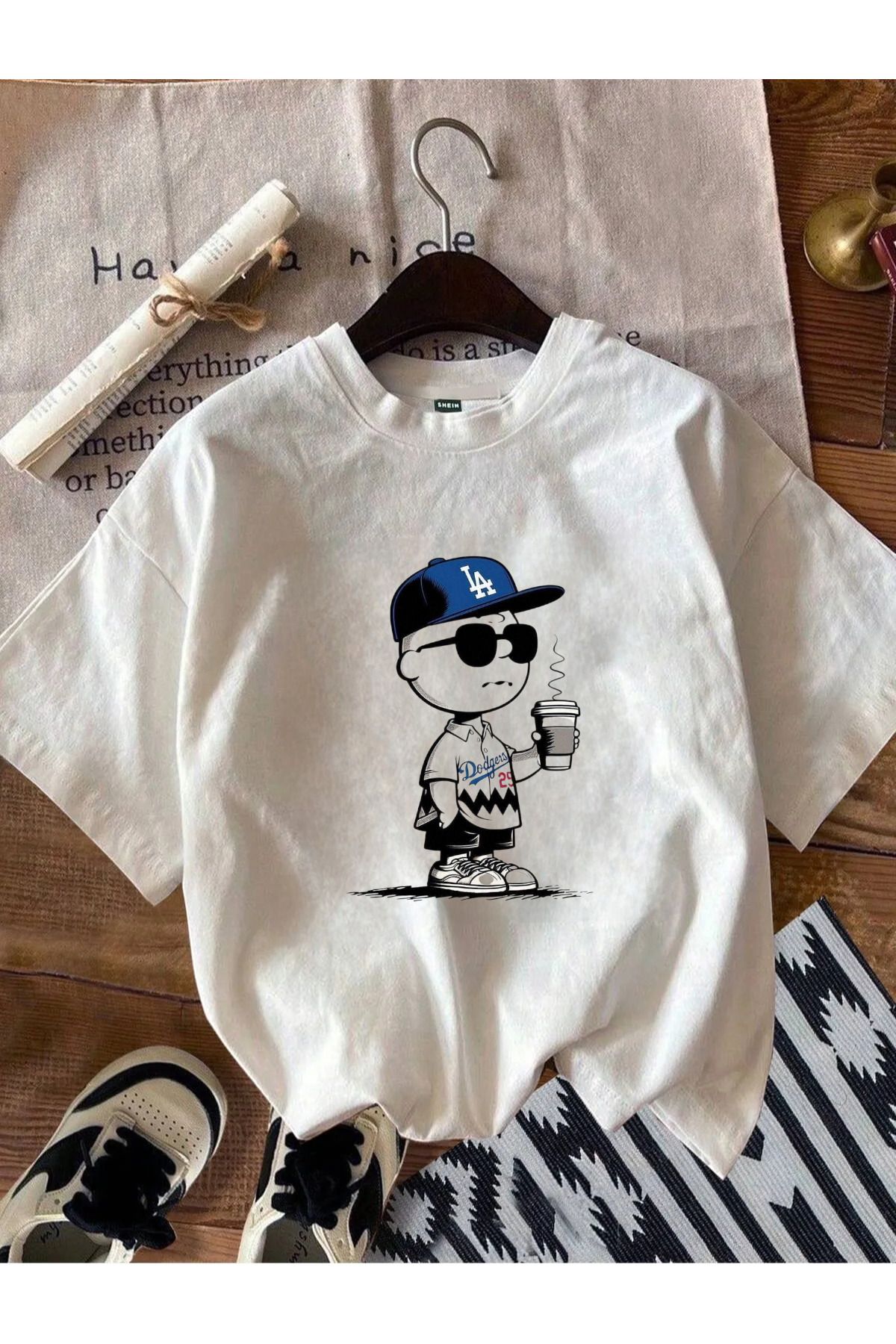 ELNOYA Unisex Pamuklu Beyaz Oversize "KAHVE ZAMANI" Baskılı Rahat Günlük T-shirt