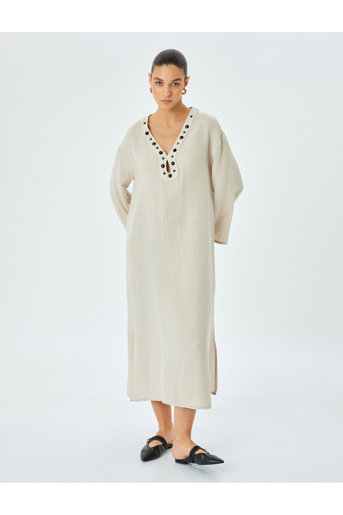 Koton Stone Embroidered V Neck Long Sleeve Cotton Casual Fit Long Dress