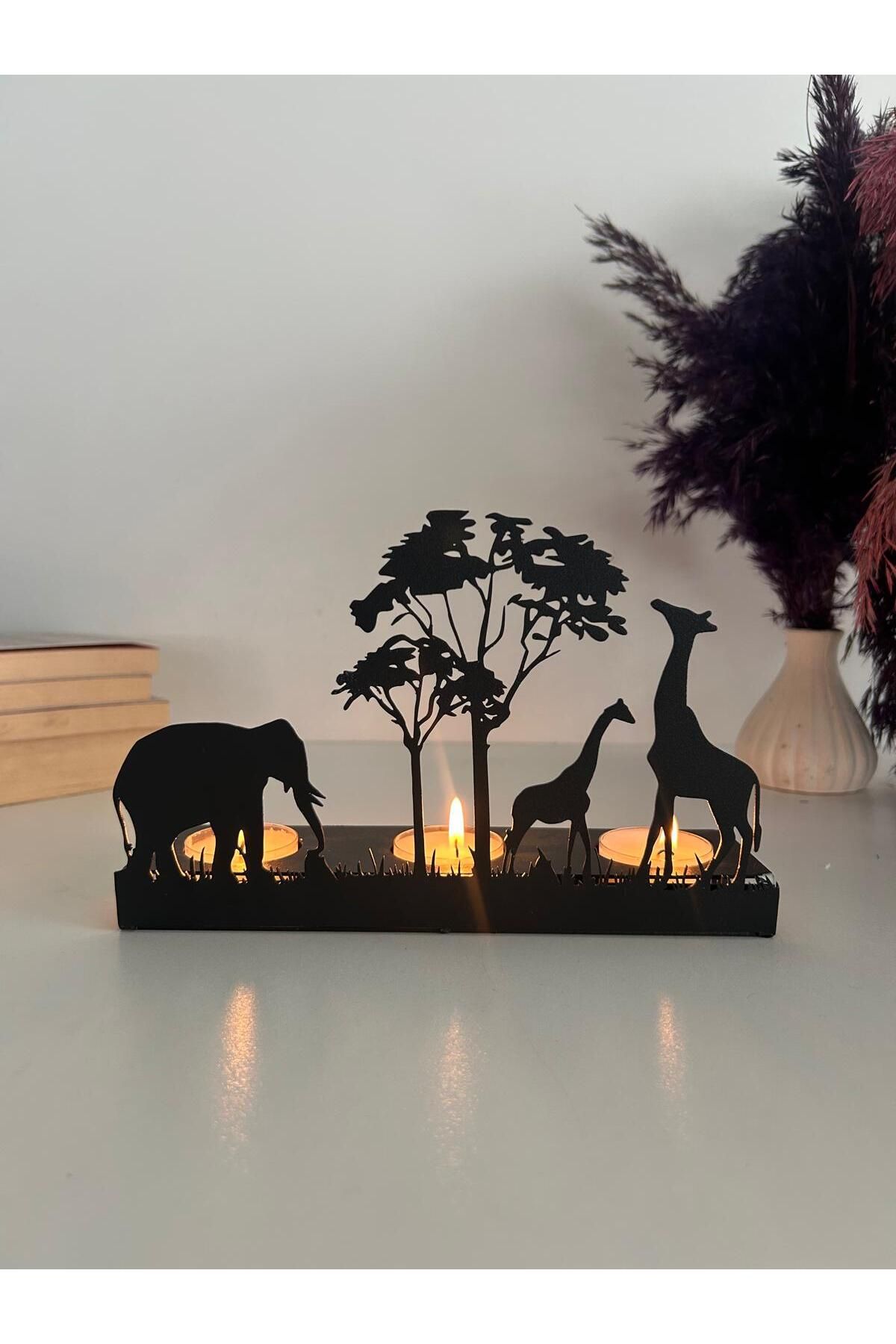 Alamer Decor Fil ve Zürafa Temalı Metal Mumluk