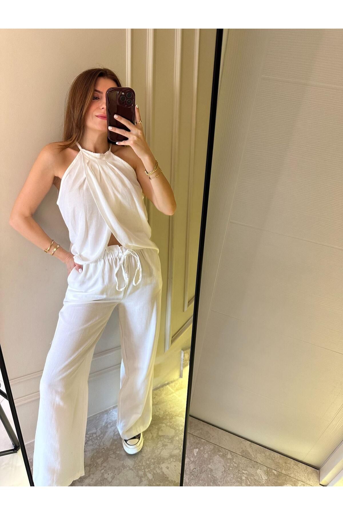 Chamakh Beyaz Boyundan Düğmeli Keten Bluz-Pantolon Takım