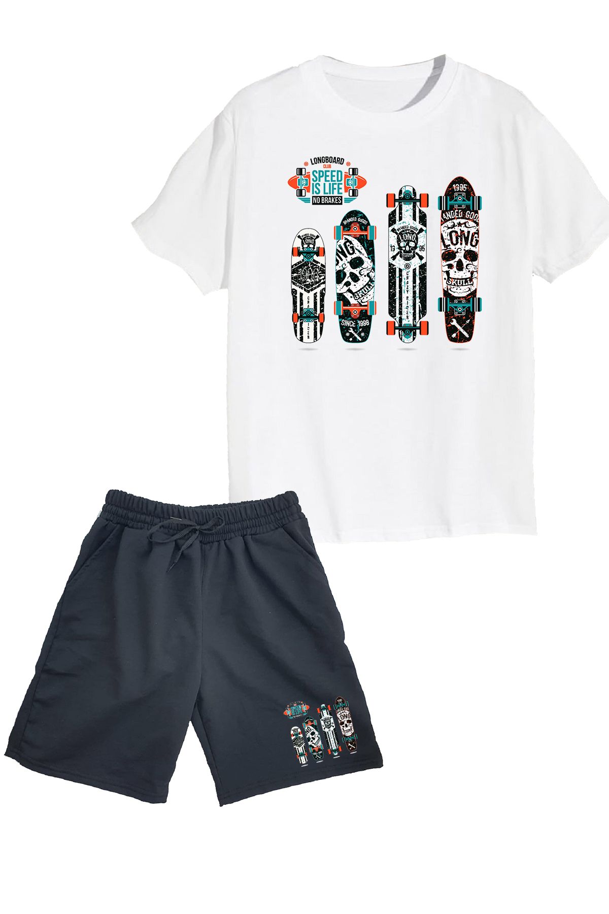 makiteks 2'li Set Baskılı Erkek Çocuk Pamuk Şort Tshirt Takım Skate 5 6 7 8 9 10 11 12 13 14 yaş Tişört