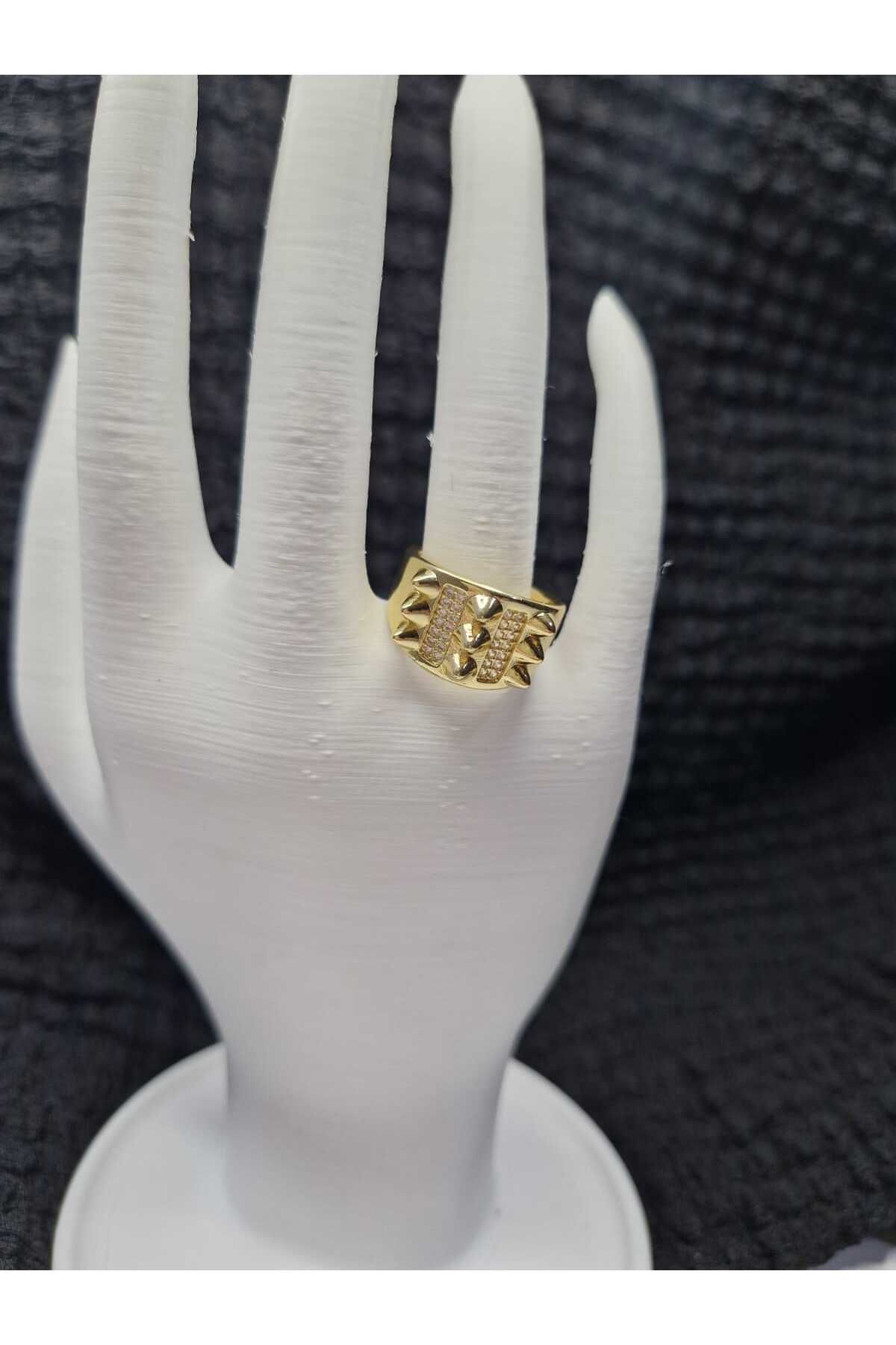 Palk Store Çelik Punk Zirkon Taş Detaylı Yüzük Gold