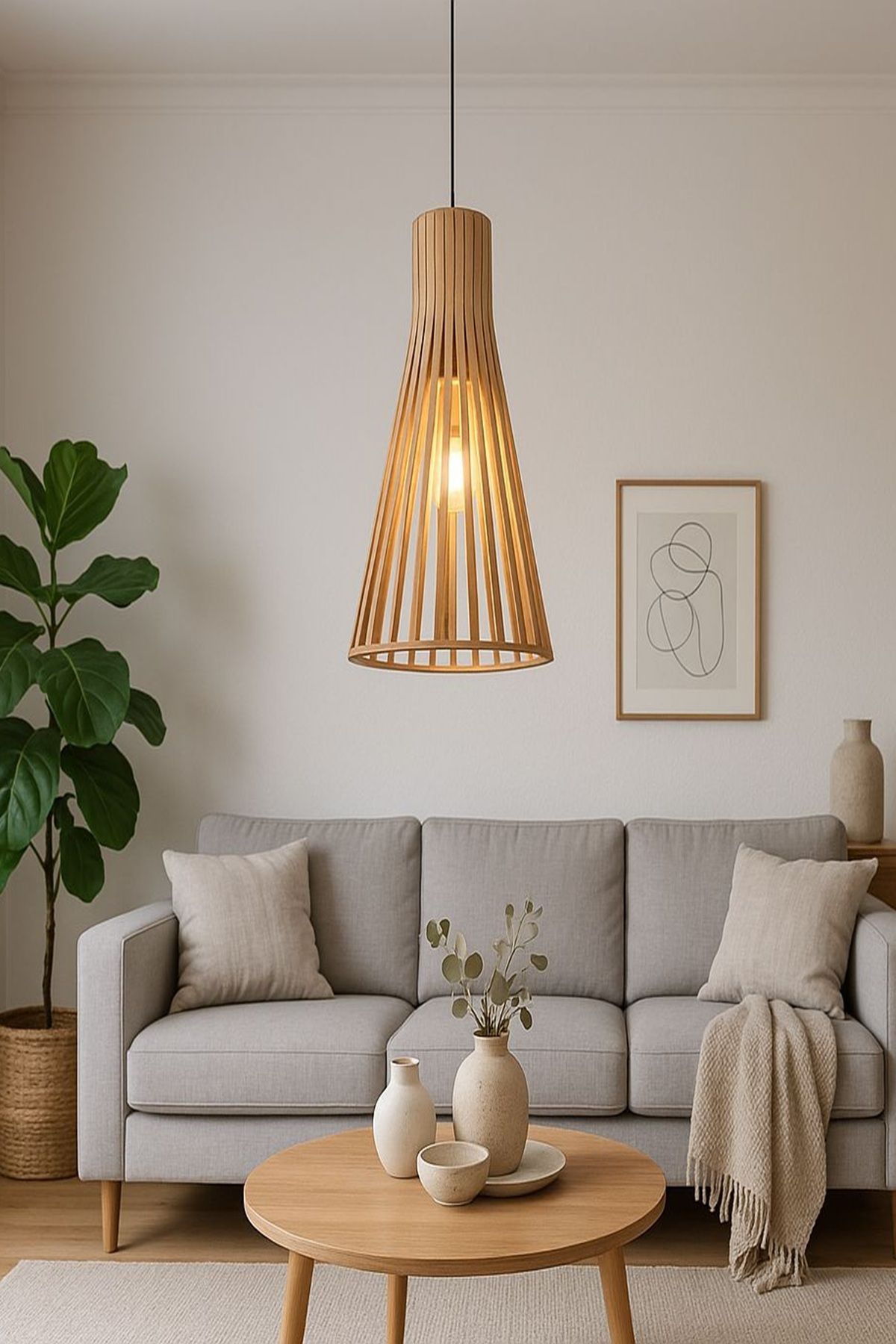 Onouqo Portofino Yuvarlak Modern Klasik Rustik Retro Vintage Naturel Dekoratif Ahşap Çıtalı Sarkıt Avize