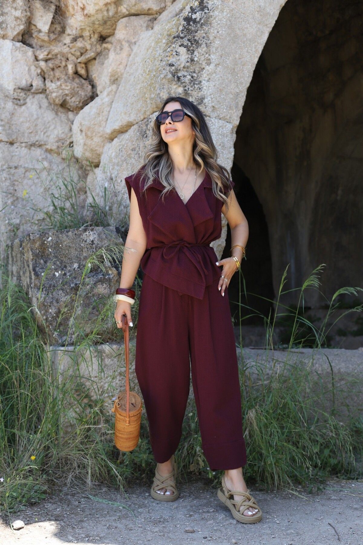 bytugcekaya Bordo Naturel Keten Kruvaze Yelek Pantolon Takım