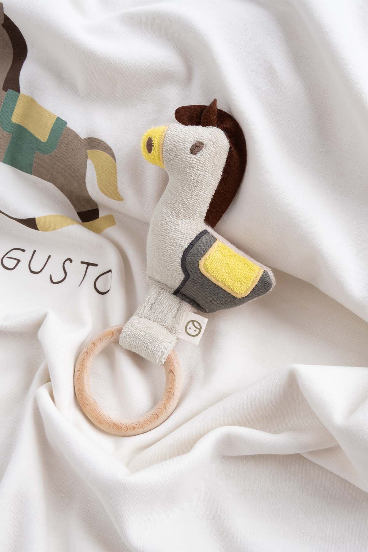 Little Gusto Ahşap Saplı Diş Kaşıyıcı ve Bej Çıngırak Tay
