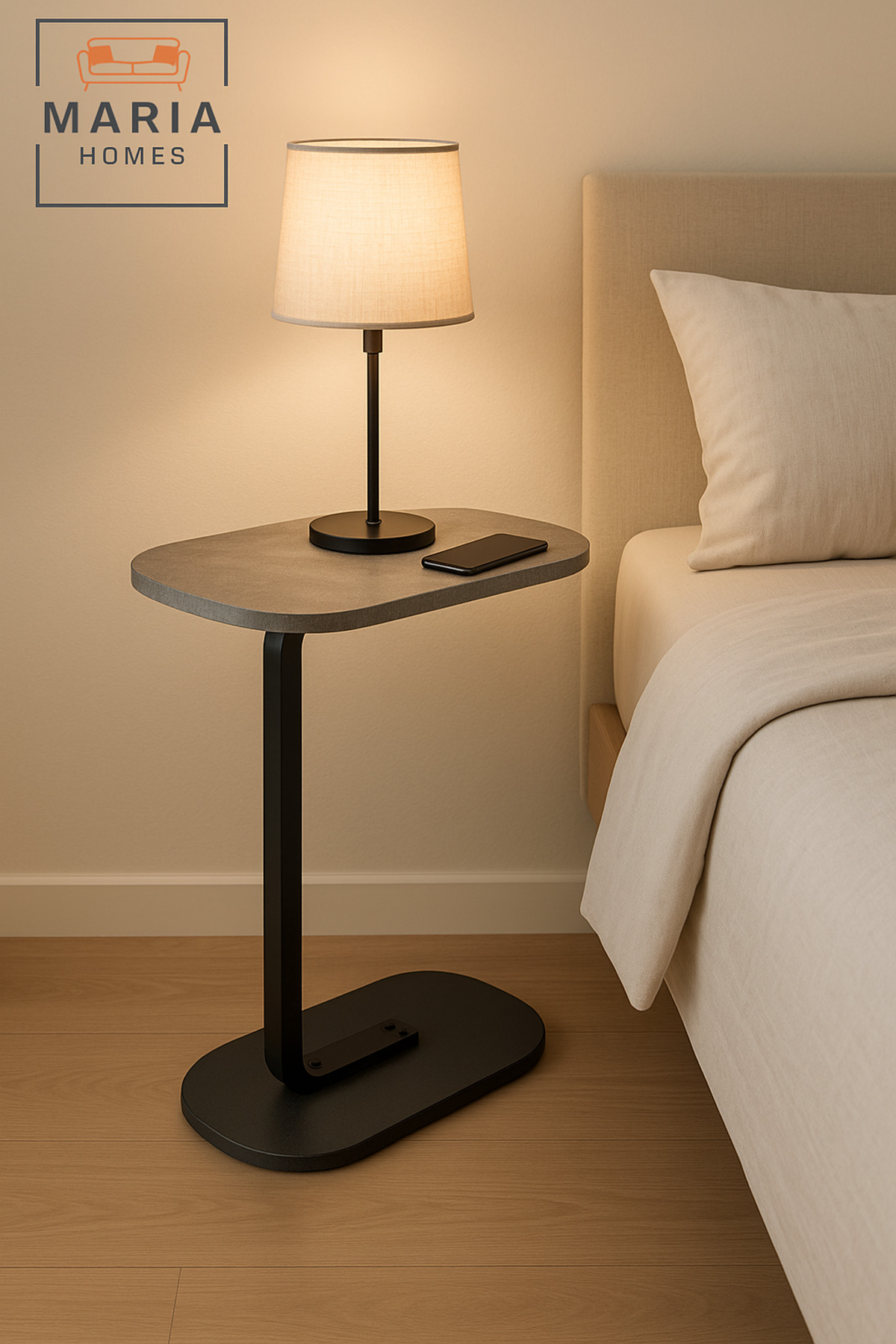 MARIA HOMES طاولة جانبية رمادية على شكل حرف C بقاعدة معدنية - طاولة أريكة صغيرة لأجهزة الكمبيوتر المحمولة لغرفة المعيشة والمكتب