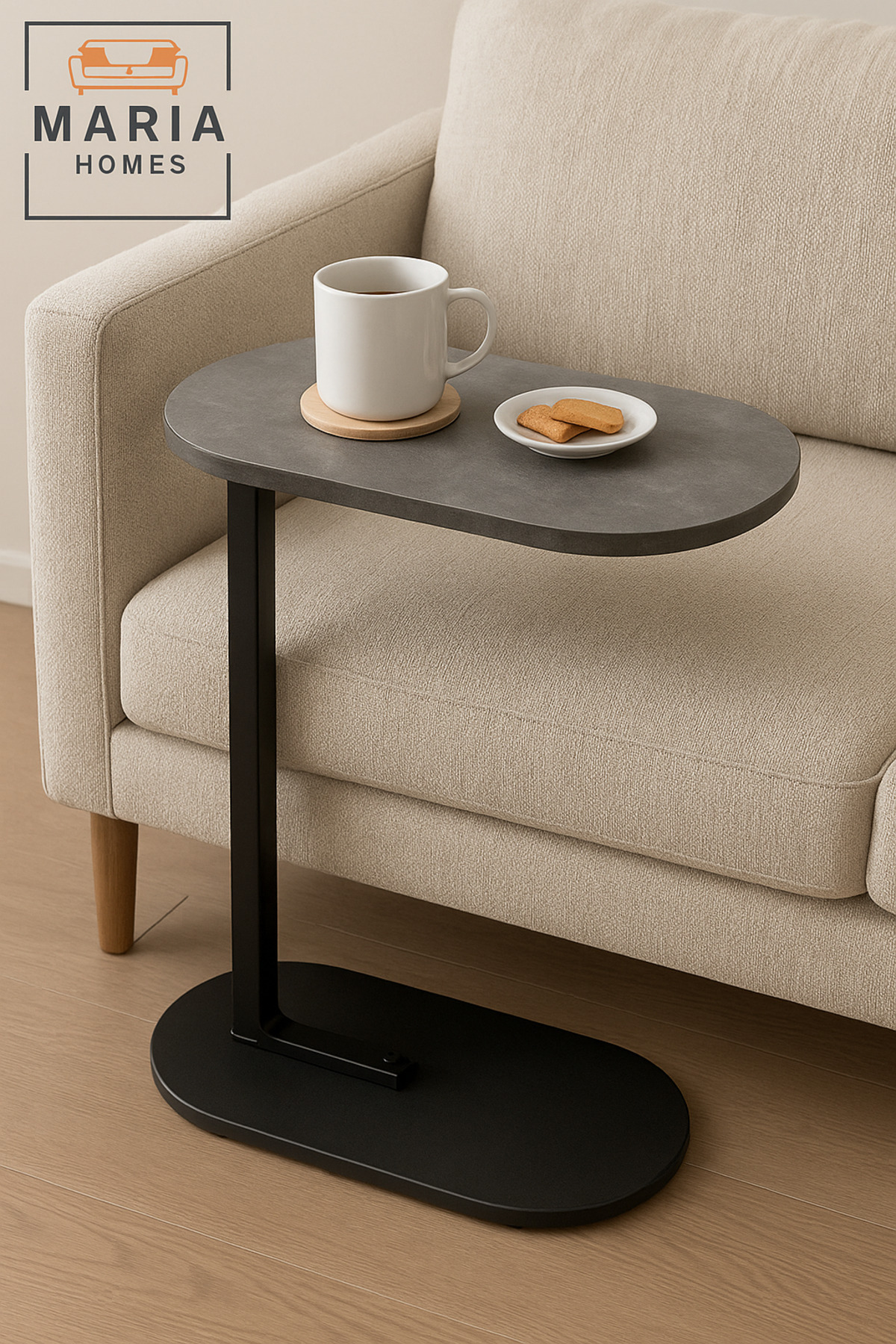 MARIA HOMES طاولة جانبية رمادية على شكل حرف C بقاعدة معدنية - طاولة أريكة صغيرة لأجهزة الكمبيوتر المحمولة لغرفة المعيشة والمكتب