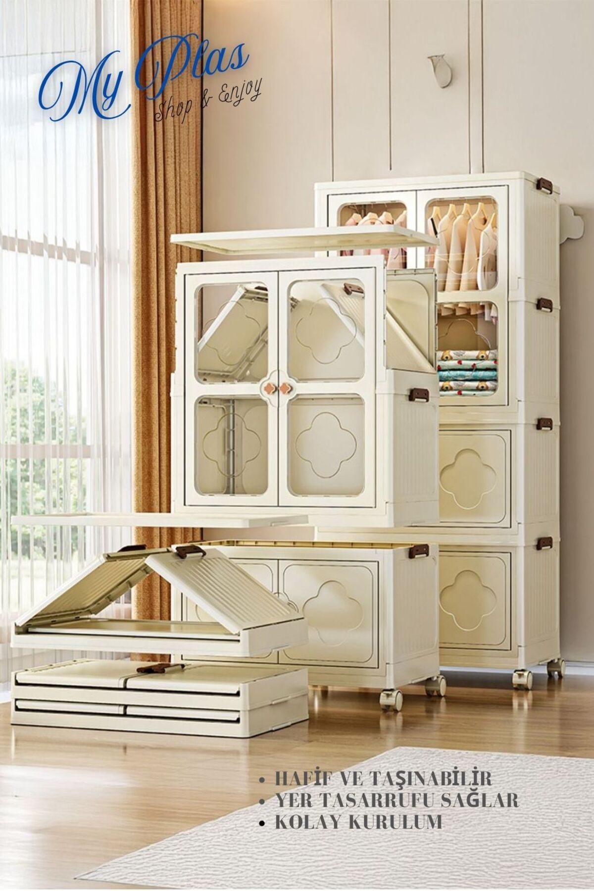 Myplas 3 Katlı Dolap&Gardrop Portatif Organizer Tekerlekli Çok Amaçlı Kapaklı Katlanır Dolap Beyaz