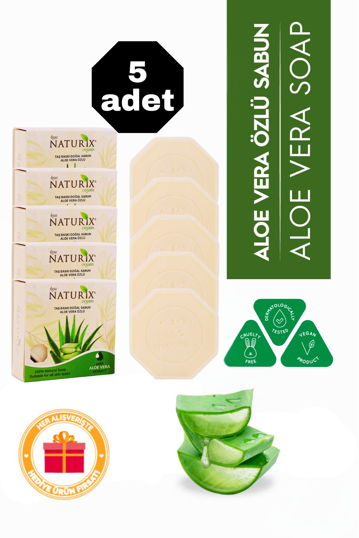 Naturix Aloe Vera Özlü Taş Sabun 5’li Eko Paket Nemlendirici ve Gözenek Destekleyici Bakım - 5x125 gr