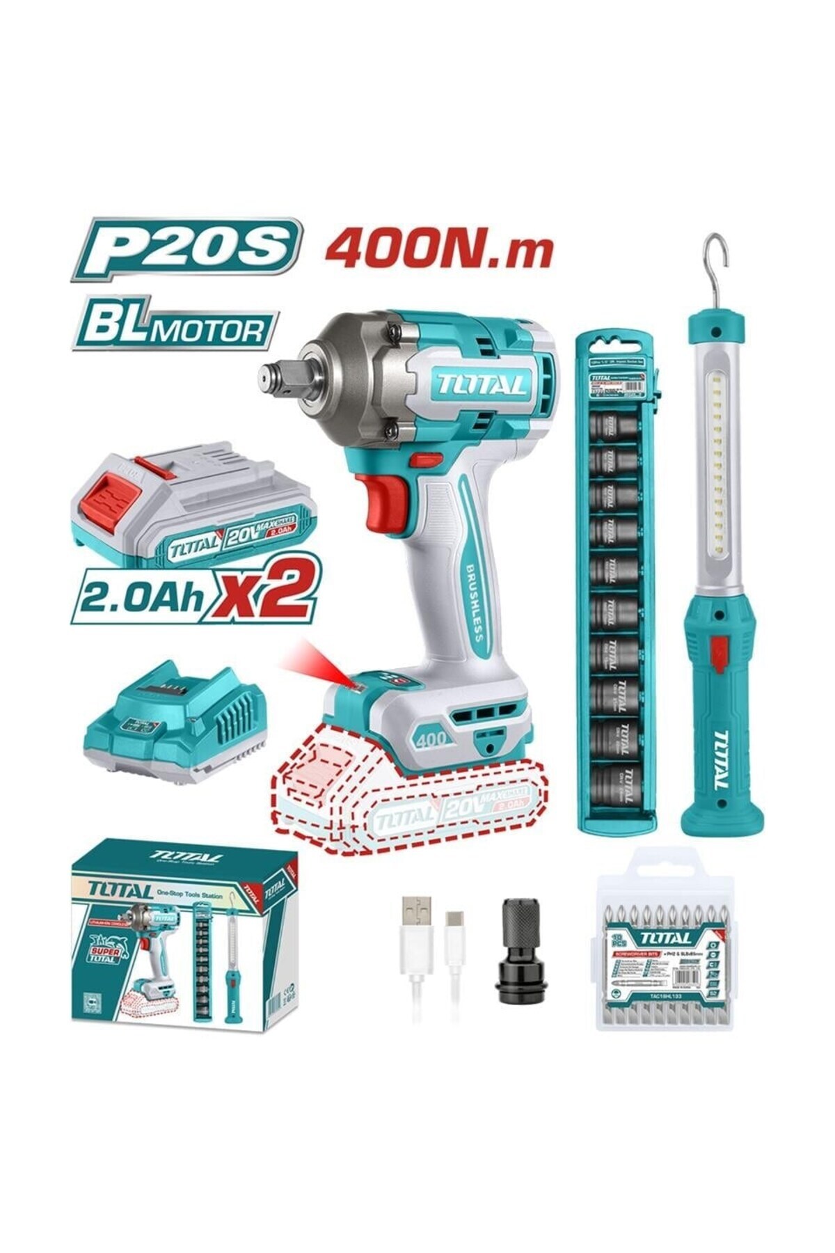 Total Darbeli Somun Sıkma Makinesi 400 Nm + Askılı Çalışma Işığı