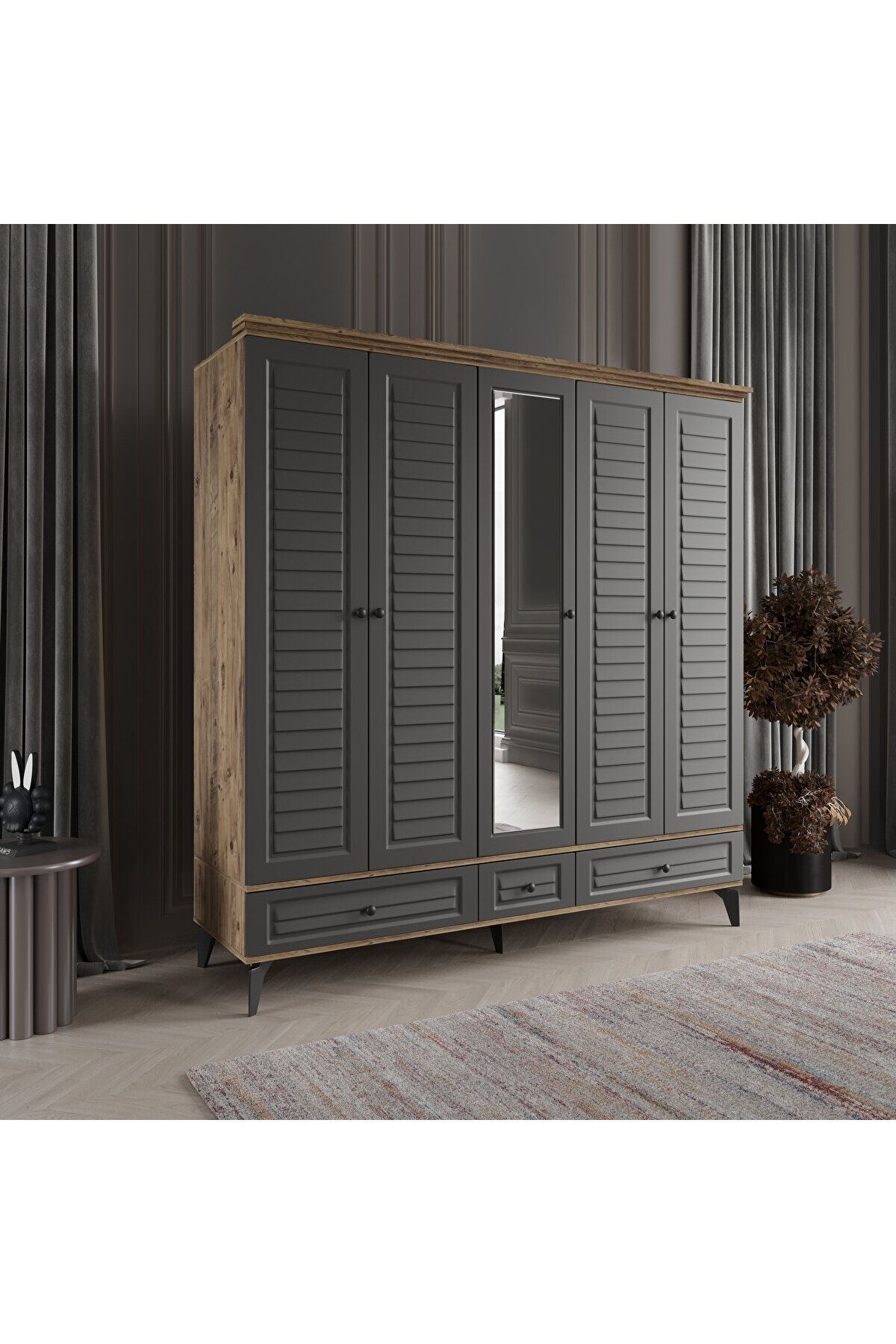 DRNHOME SOFYA 5 KAPAKLI ANTRASİT GARDIROP TAMAMI MDF