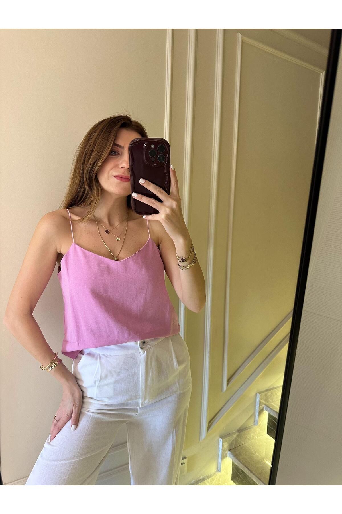 Chamakh Pembe Keten Askılı Bluz