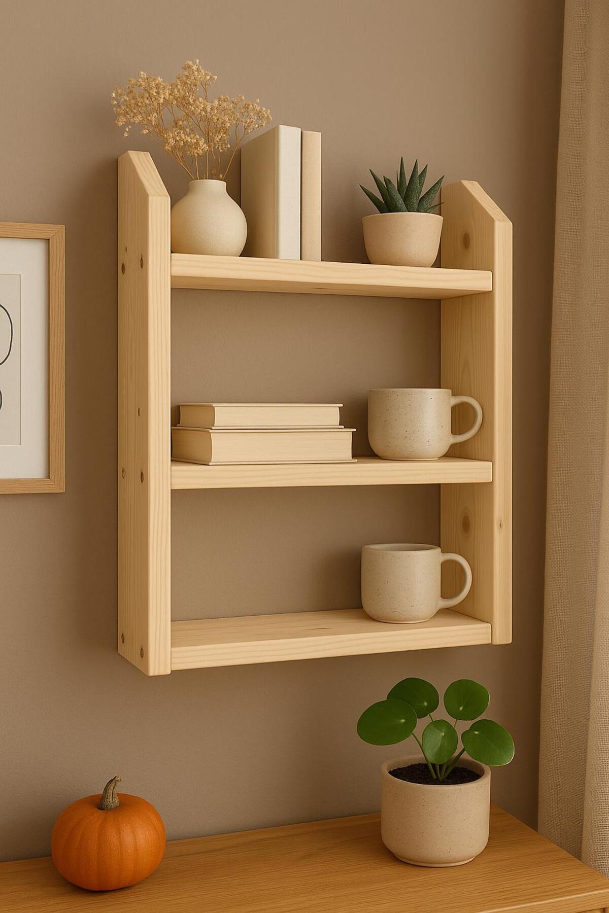 ATÖLYE DÜNYASI 3 Katlı Ahşap Duvar Rafı 50x50x9 cm