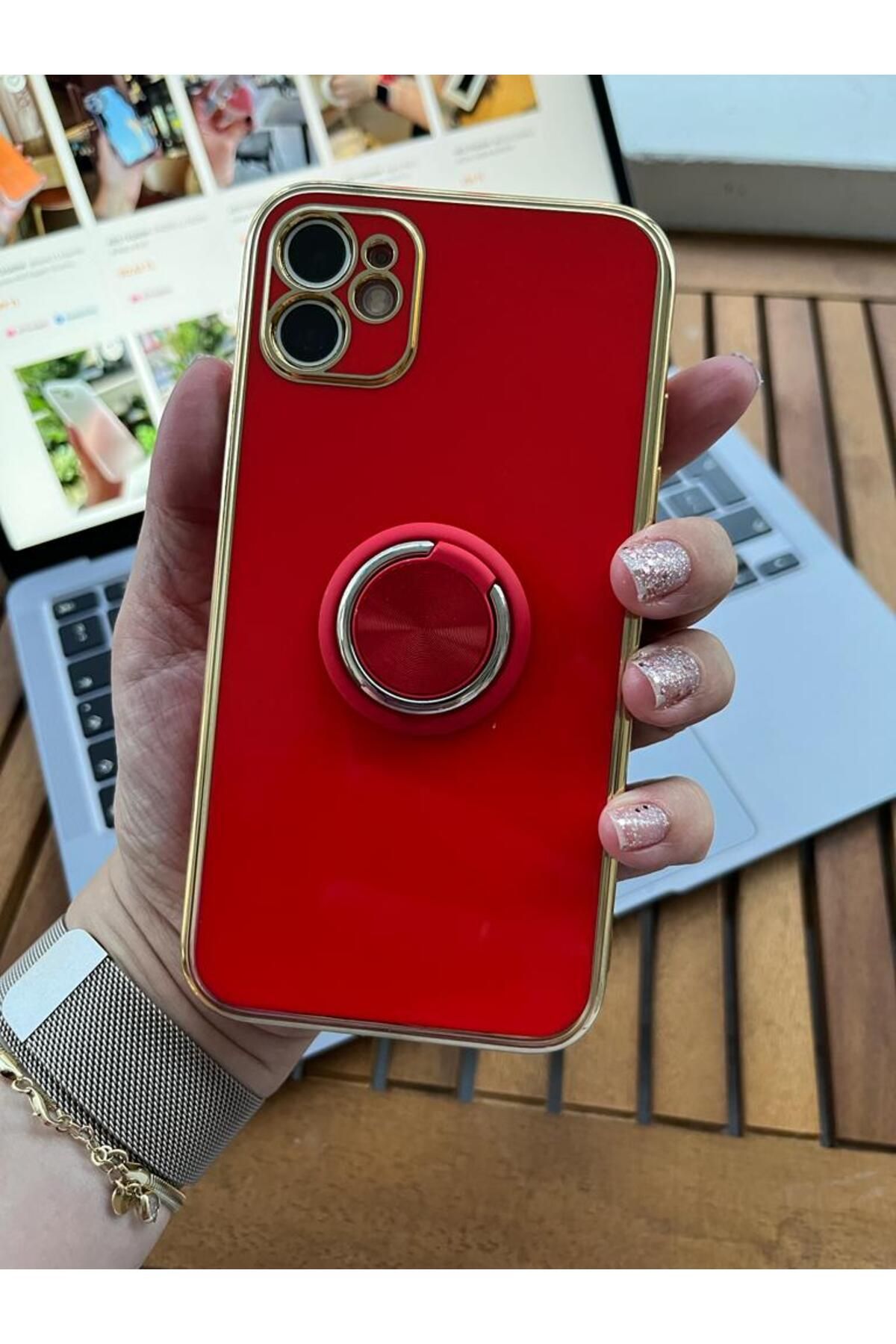 Serena Company iPhone 11 Yüzük Detaylı Kırmızı Kaliteli Telefon Kılıfı