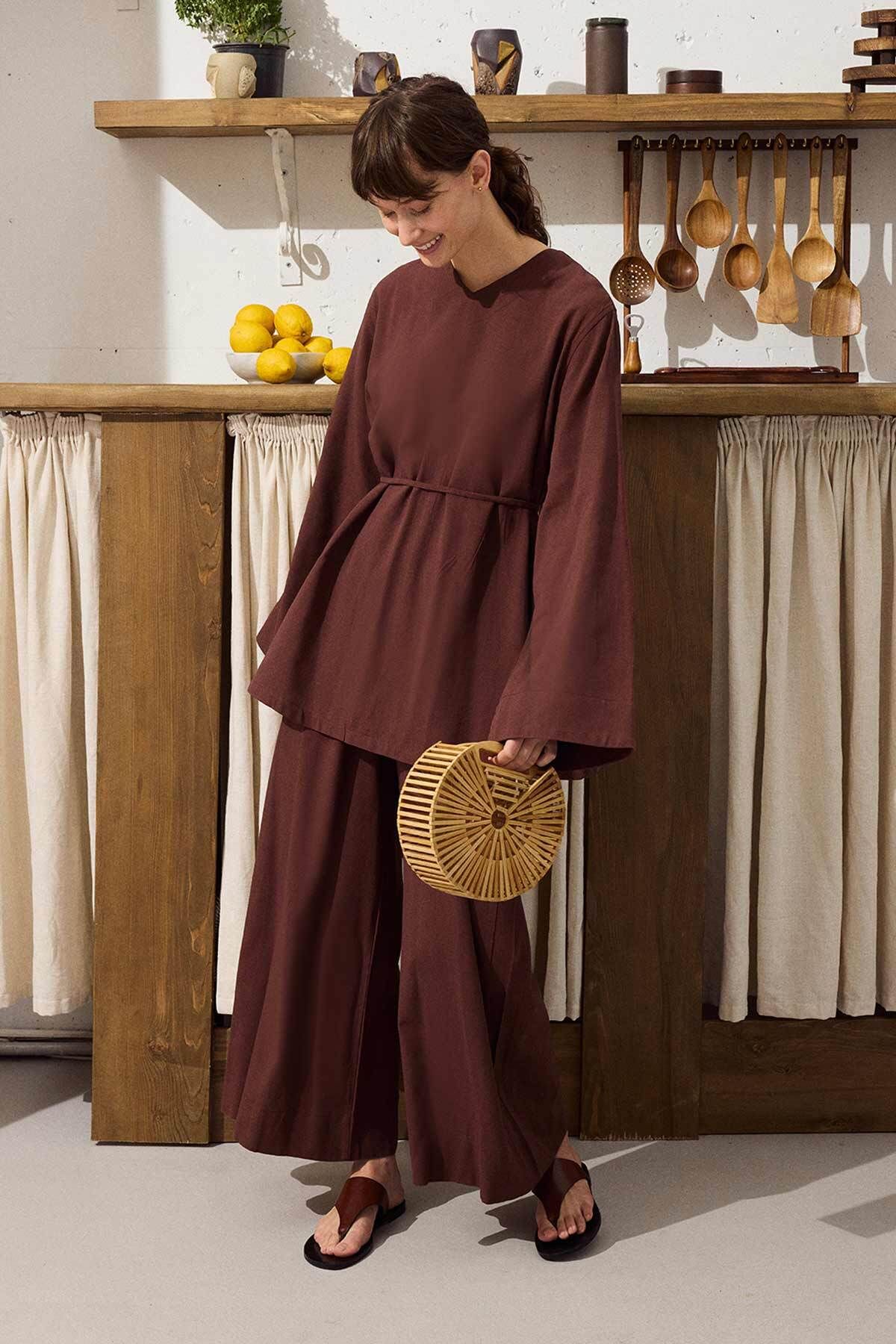 Hooopstore Pamuk Karışımlı Bluz Pantolon Bakır Takım